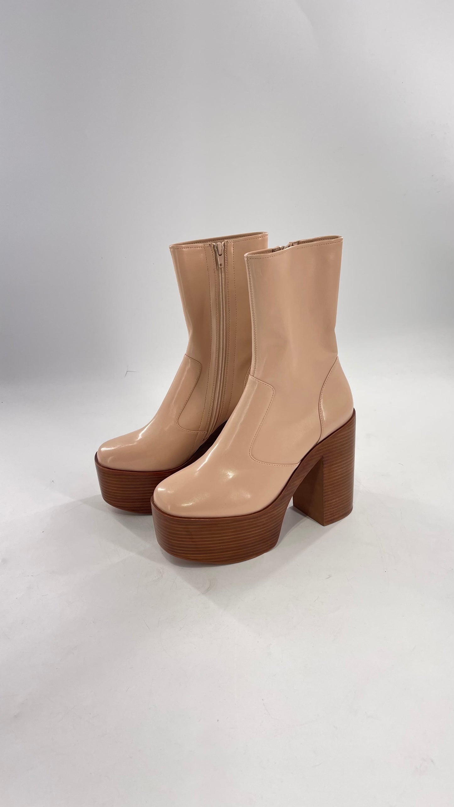 Free People X Jeffrey Campbell Mexique GoGo Boots • Beige Patent Boot with Wood Grain Chunky Block Heel and Platform (9)