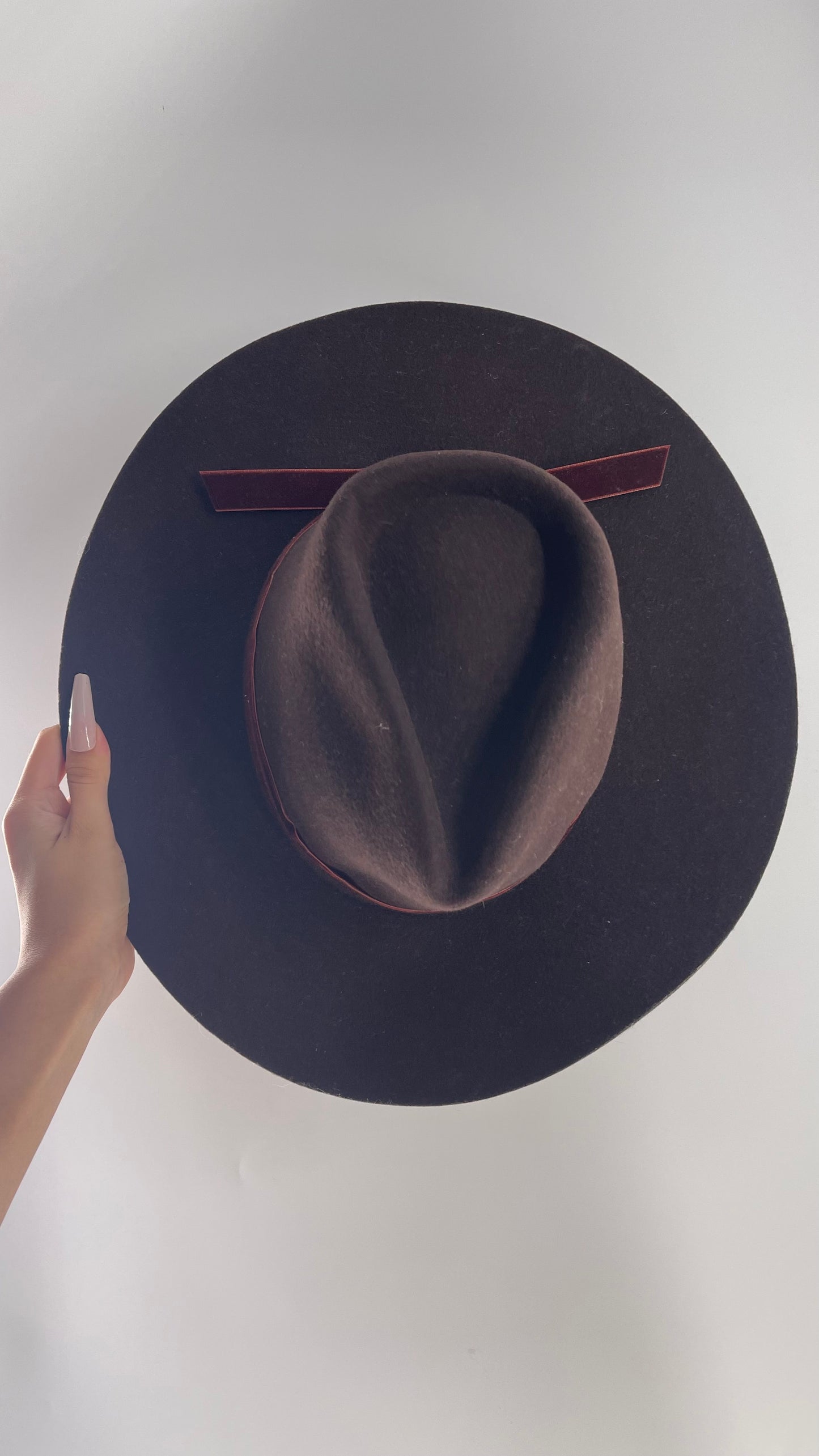 Free People Chocolate Brown 100% Wool Hat with Velvet Ribbon