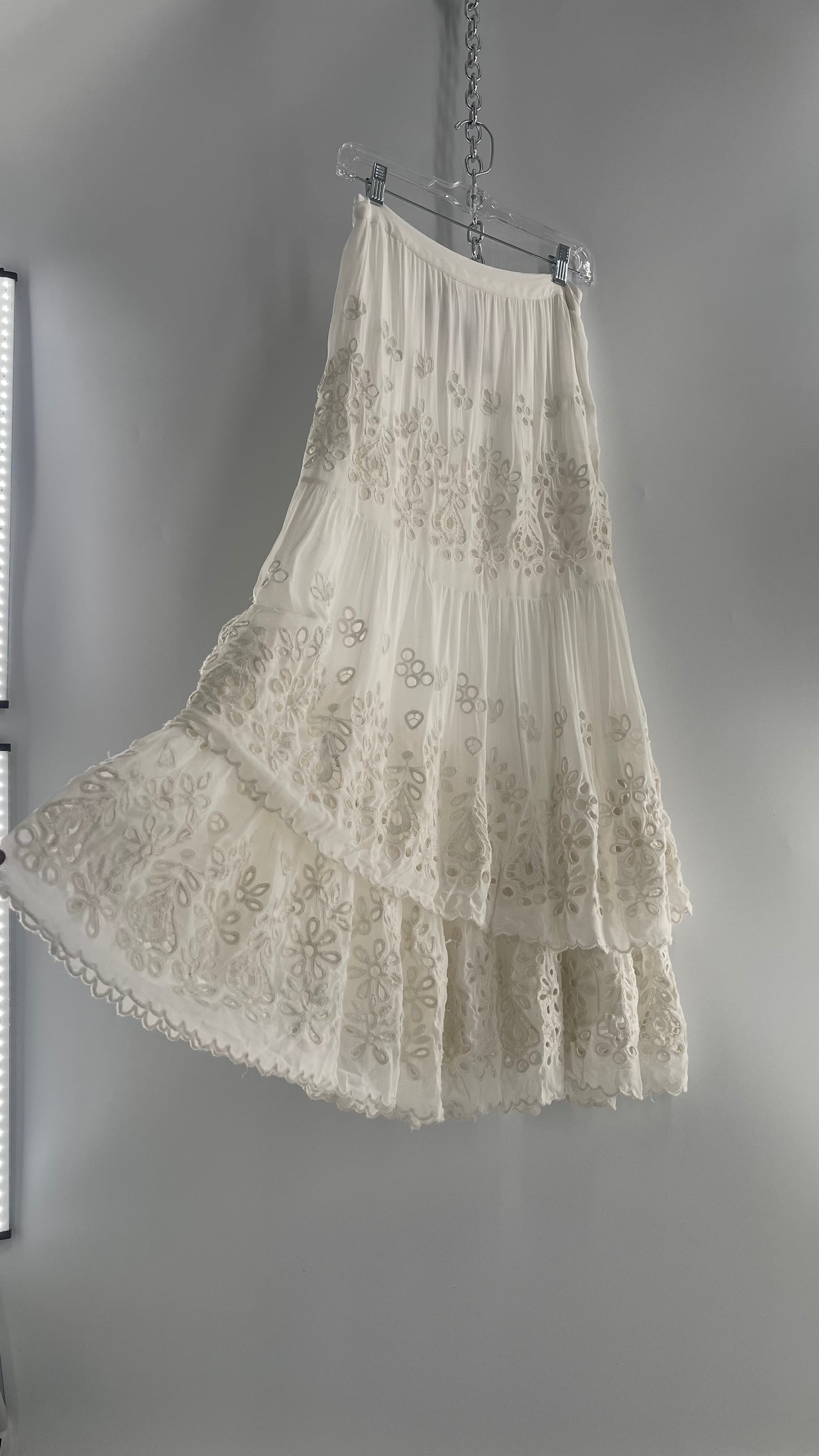 Free People White Embroidered Eyelet/Lace Voluminous Tiered Ruffle Full Length Skirt (4)