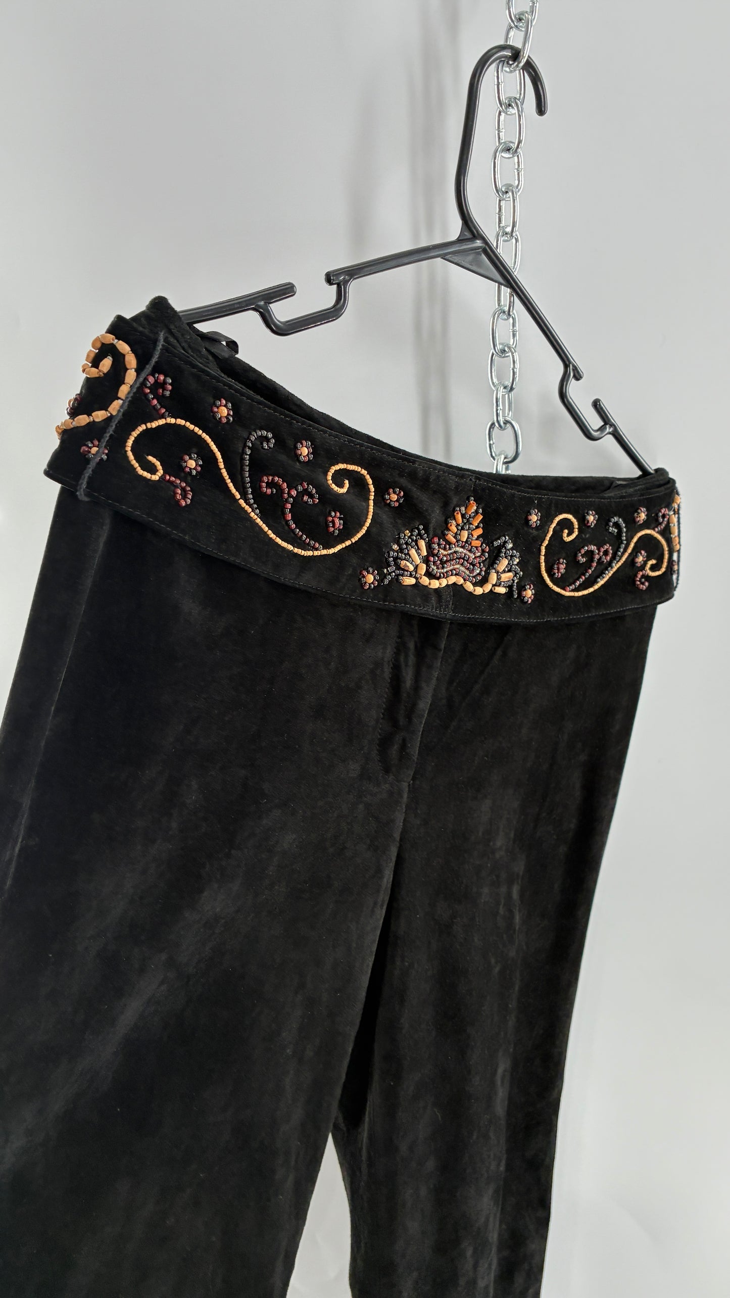 Vintage Margaret Godfrey Black Genuine Suede Leather Kick Flares with Wide Beaded Belt (10)