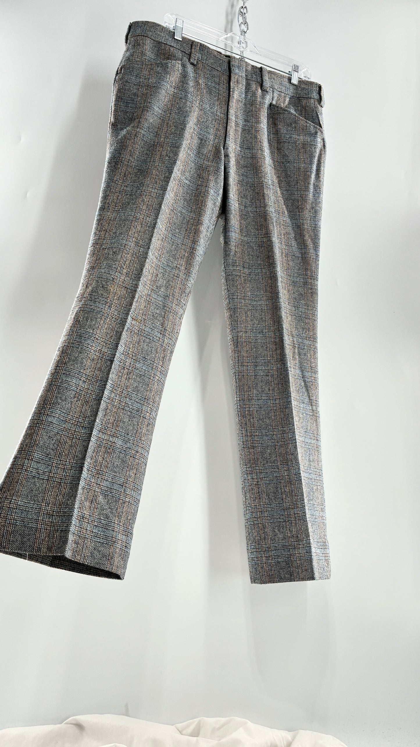 Vintage Handmade Wool Blend Woven Men’s Tailored Trousers with Grey Blue Plaid Pattern (35x32)