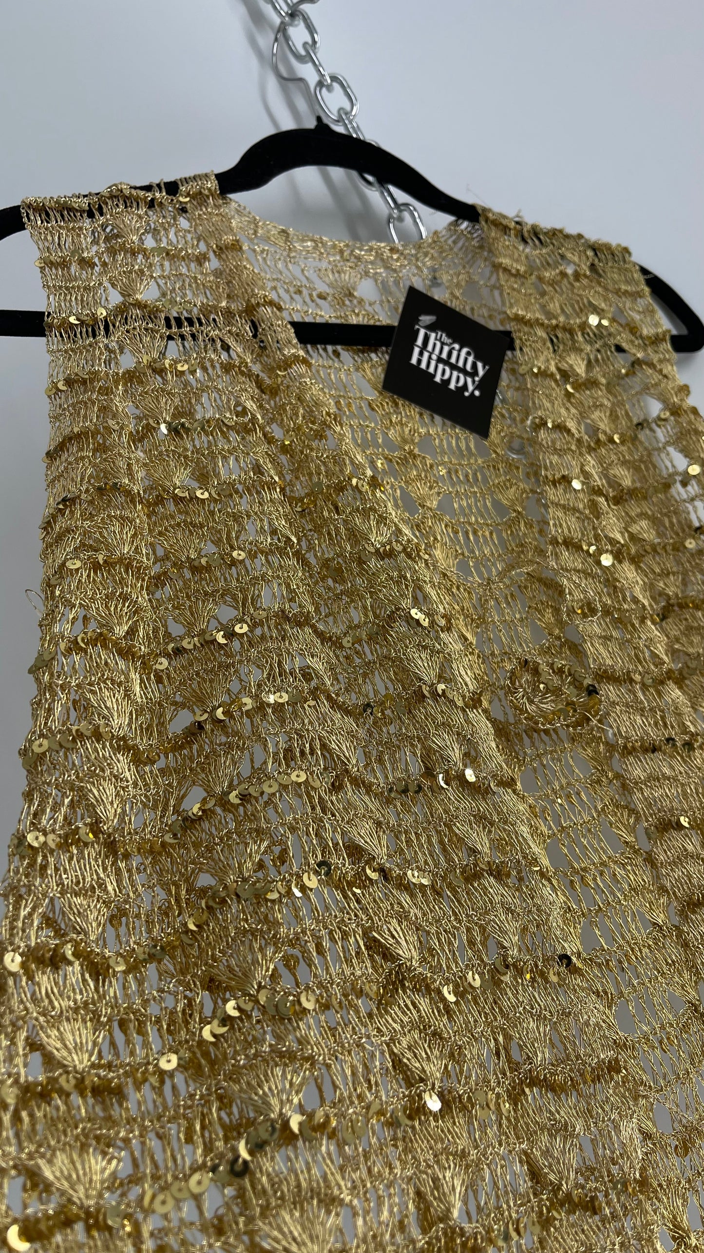 Vintage Gold Crochet Sequin Tie Bust Vest (S/M)