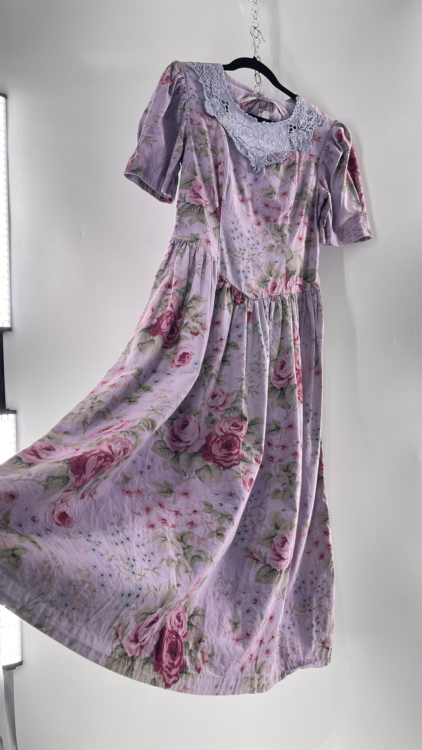 Vintage Urban Renewal Reworked and Upcycled Misty Lane Lilac/Lavender Floral Fit/Flare Dress with Sweetheart Neckline, Lace Detail and Bow Adorned Open Back (11/12)
