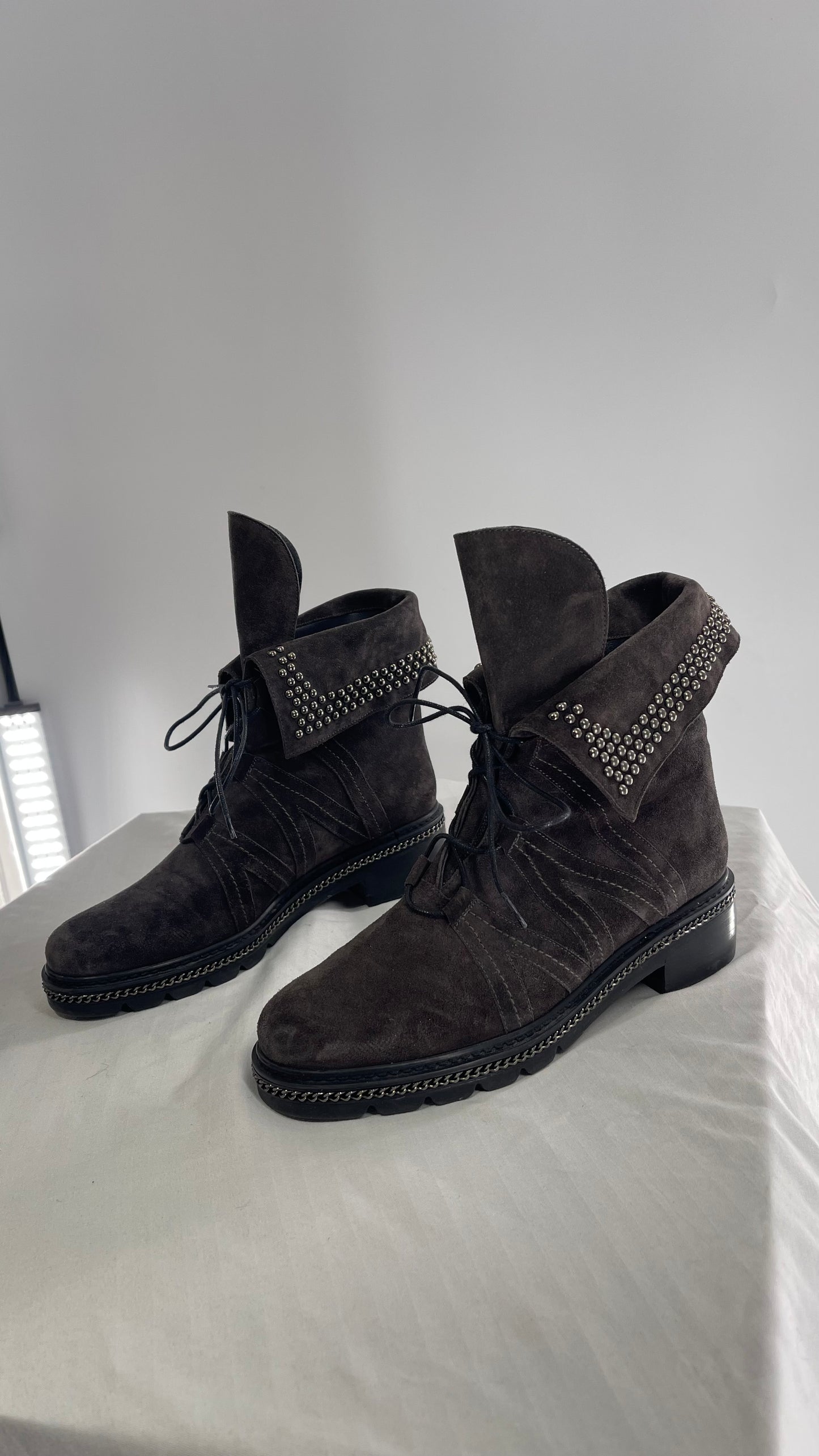 Stuart Weitzman Yadastud Grey Suede Leather Studded, Chainlink Boots (8)