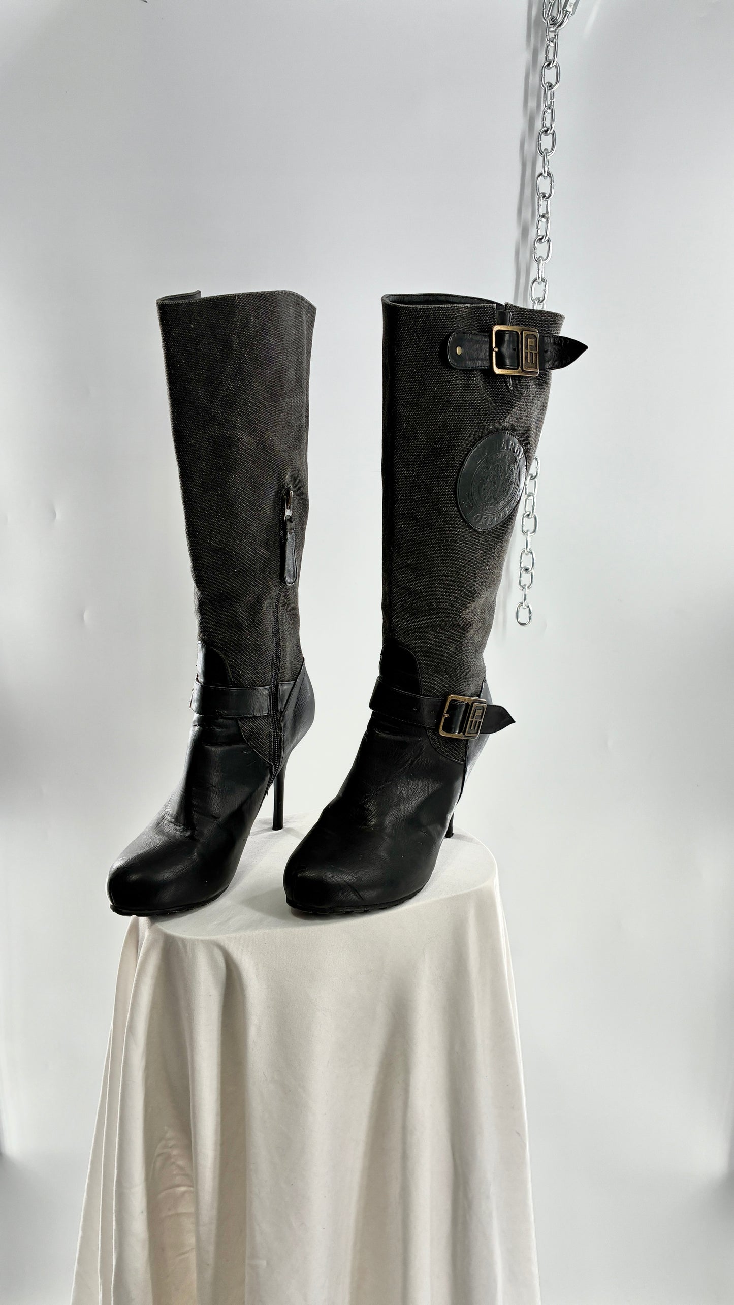 Vintage ED HARDY Stiletto Boots with Embossed Buckles and Badges (9)