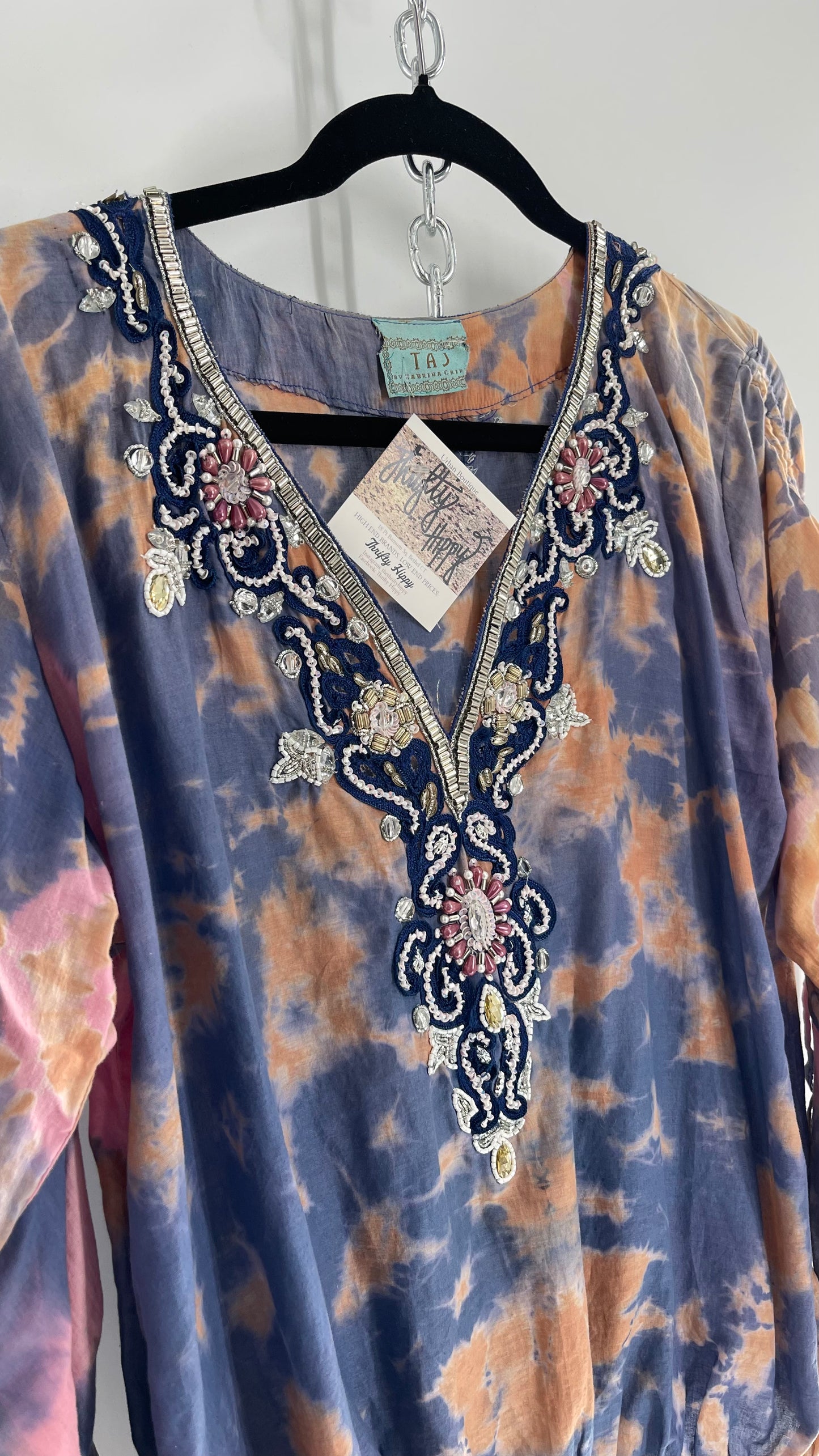 TAJ by Sabrina Crippa Tie Dye Blouse with Gemstone Encrusted Neckline and Ruched Beaded Sleeves (S/M)