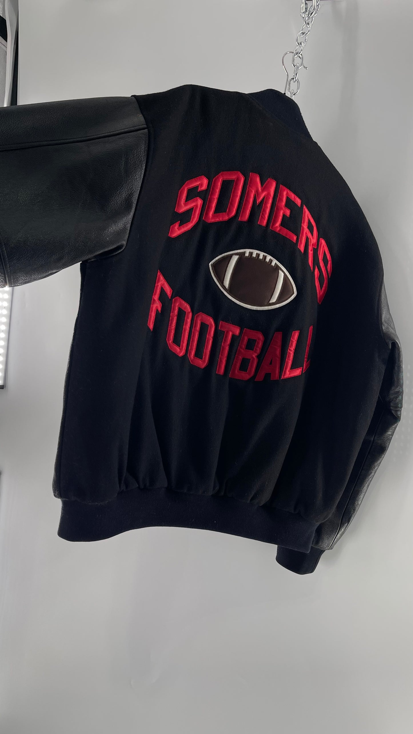 Vintage Somers Football Varsity Jacket with Leather Sleeves “Matt” Embroidery and Red Lettering (XL)