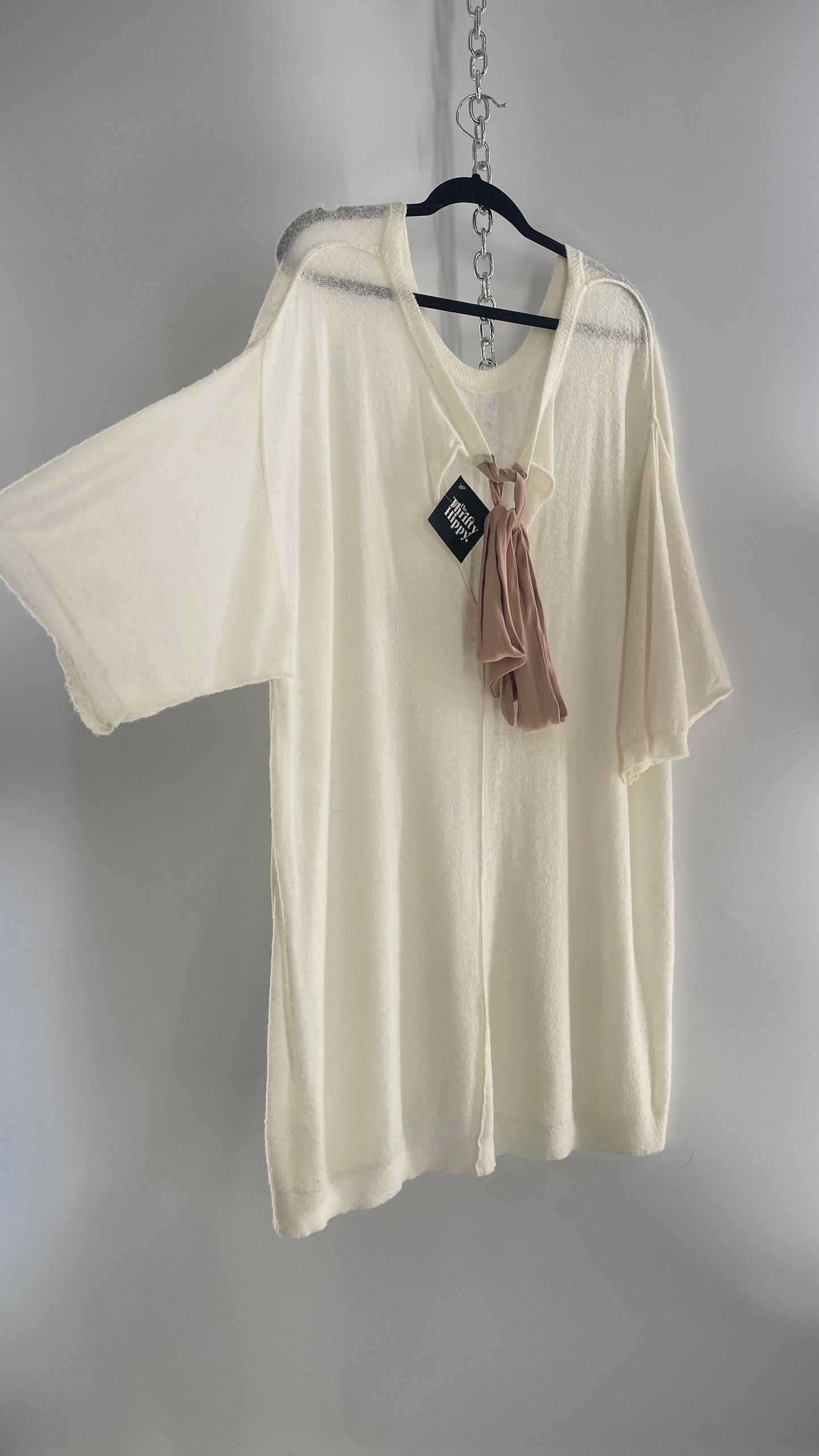 Free People Off White Thin Knit Cozy Sweater Dress with Open Back and Dusty Rose Ribbon (L)