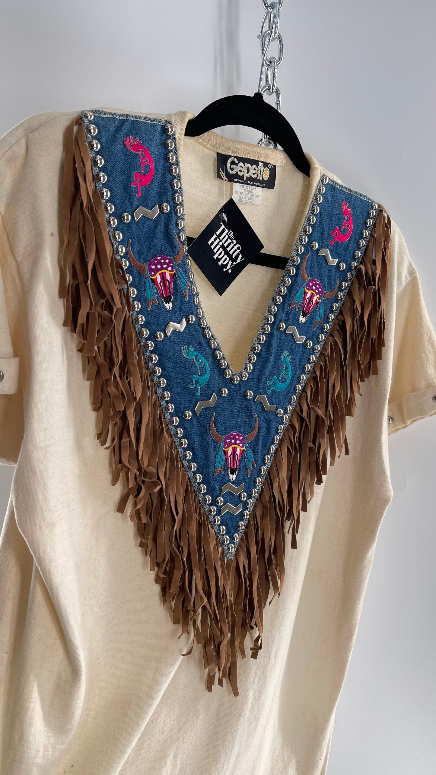 Vintage 1980s GEPETTO Off White Rodeo Western T Shirt with Denim Lined V Neck, Faux Leather Fringe Detail, Embroidery, and Heavy Duty Studs