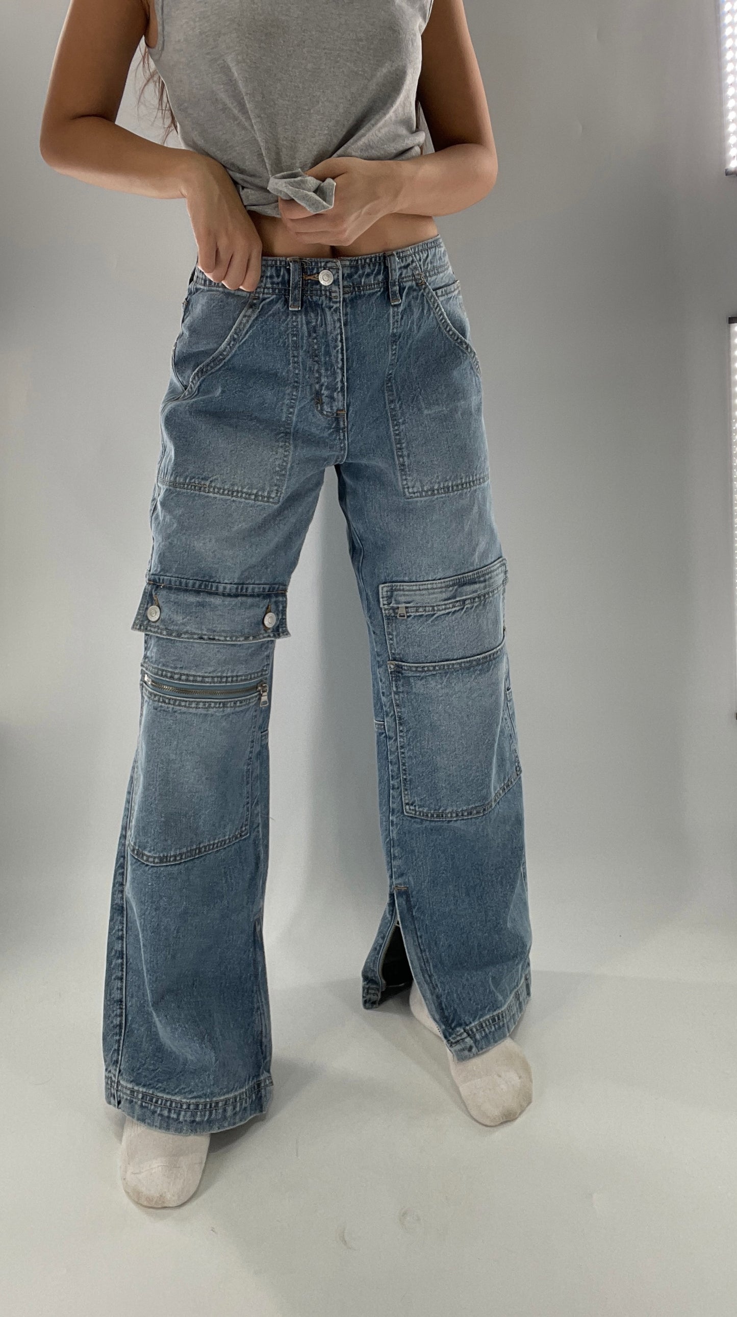 Free People Wide Leg Cargo Jeans Covered in Pockets, Zippers and stitching (27)