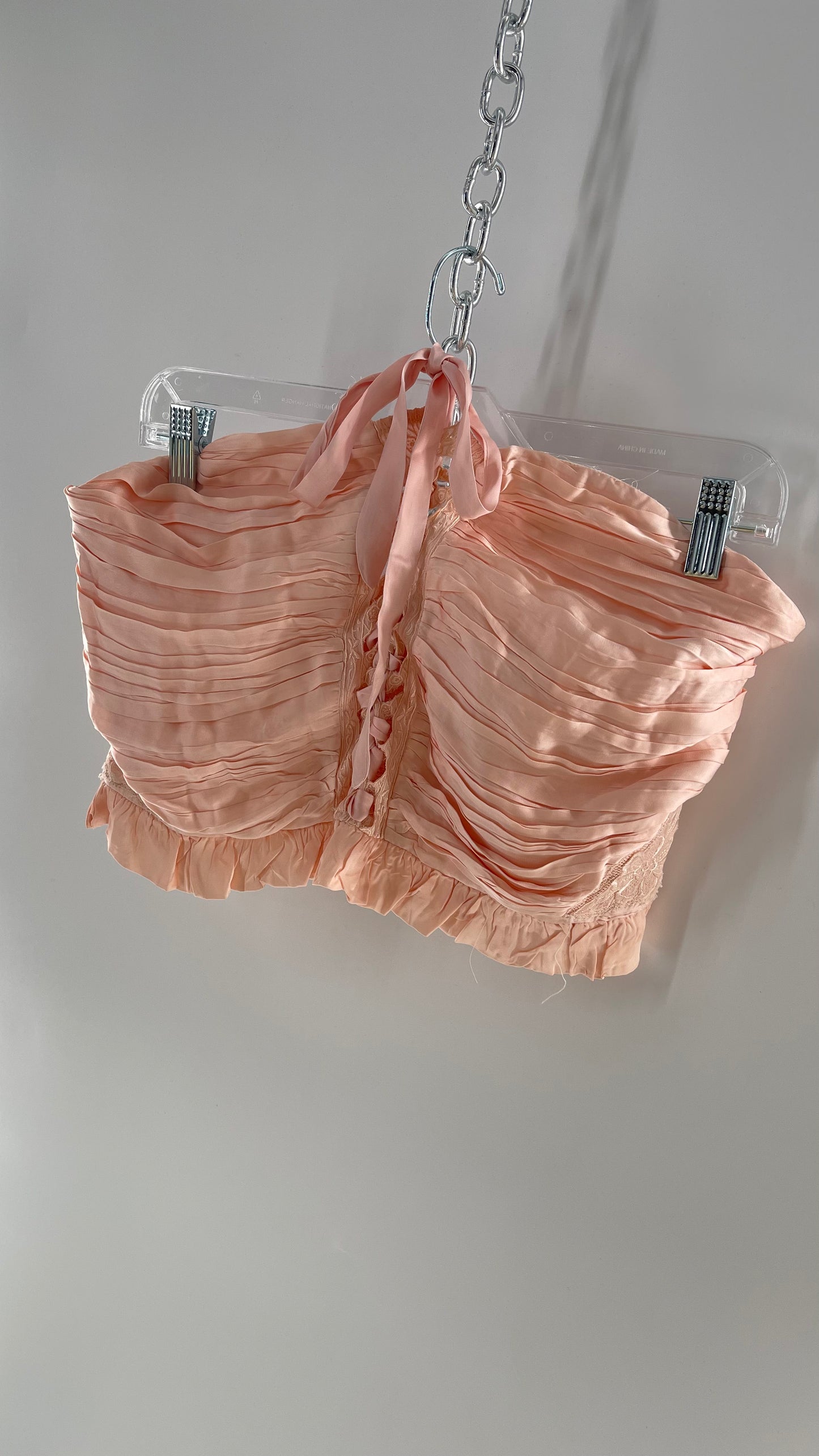 Free People Pink Viscose Pleated Tube Top with Ribbon Lace Up Bodice, Embroidered Flower Detail, and Ruffled Hem (Large)