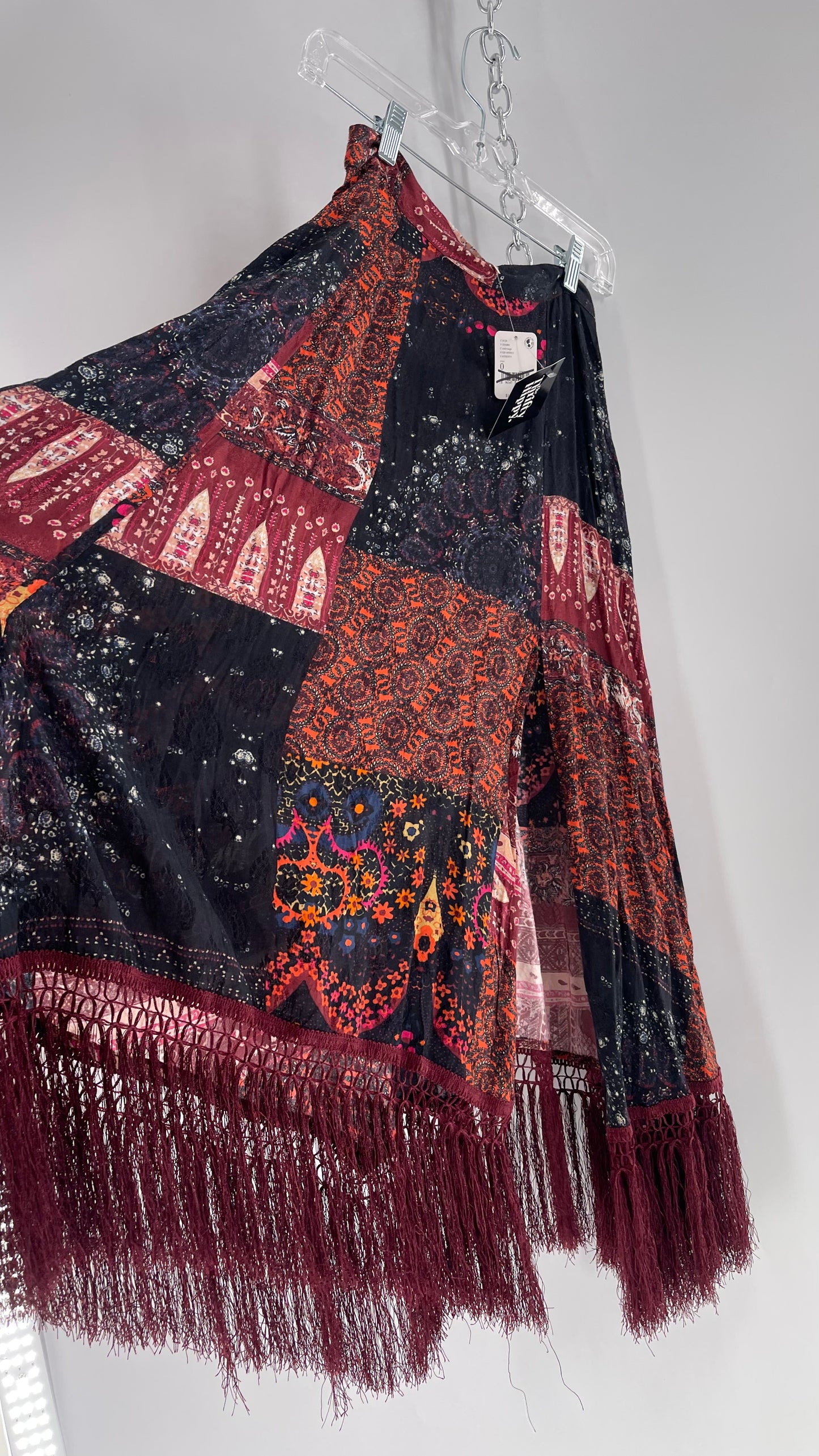 Free People Burgundy Satin Patchwork Patterned Fringe Full Length Skirt with Embossed Symbols and Side Slit Tags Attached (0)