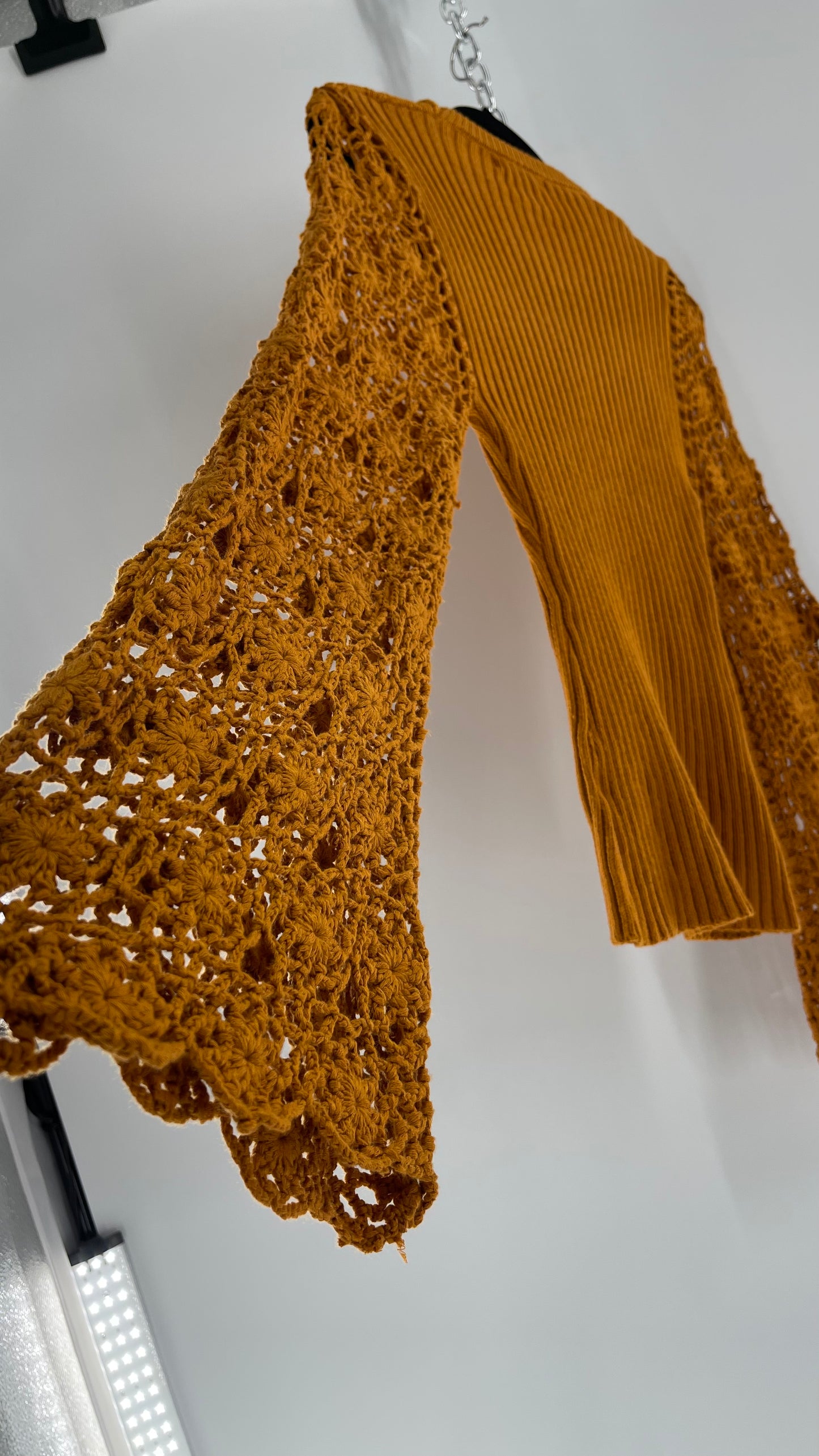 Love Colétte Mustard Sweater with Crochet Bell Sleeve (Large)