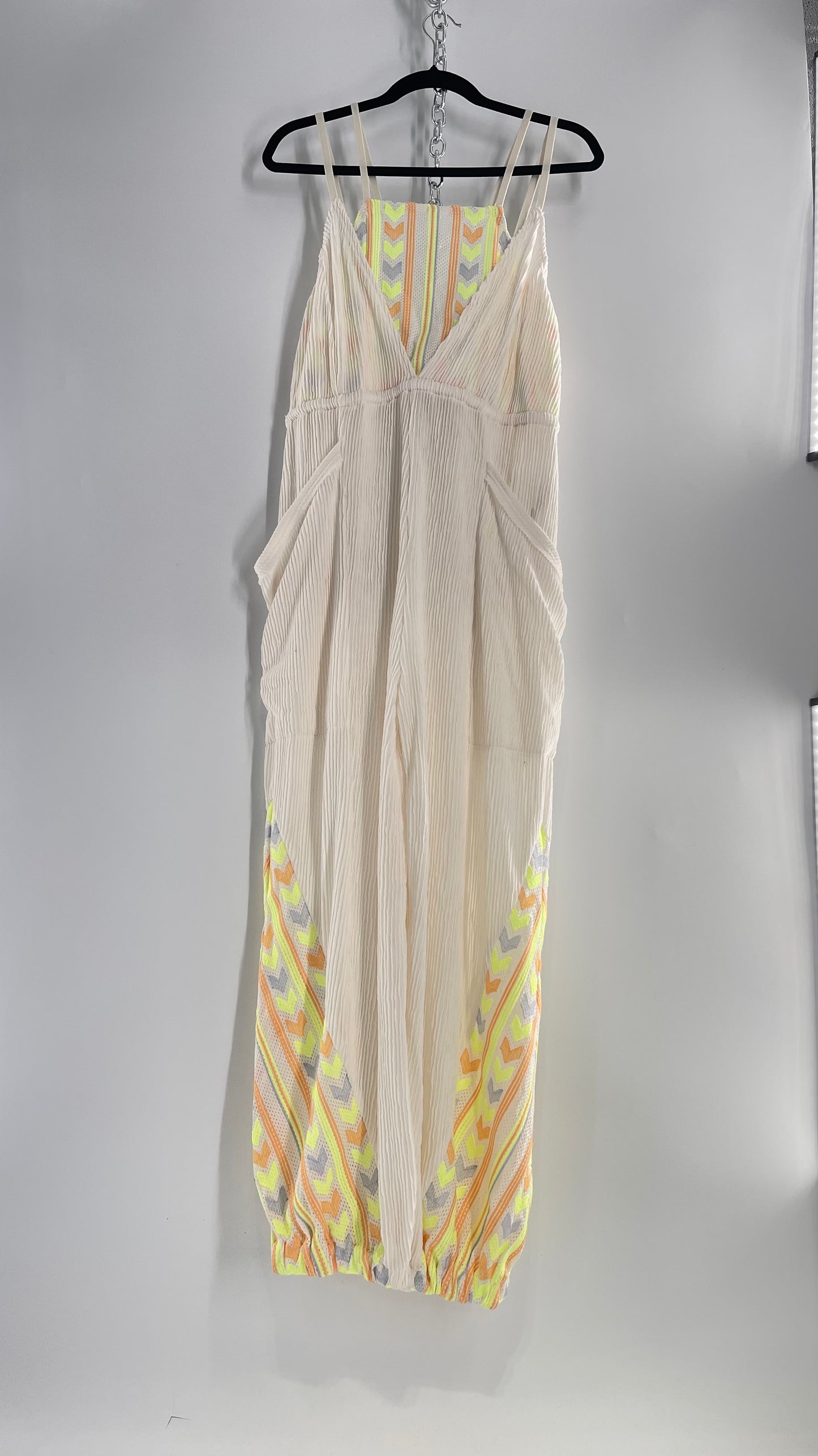 Free People Movement Cream Ribbed Jumpsuit with Yellow/Orange Embroidered Details and Waist Cinching Drawstring (Small)
