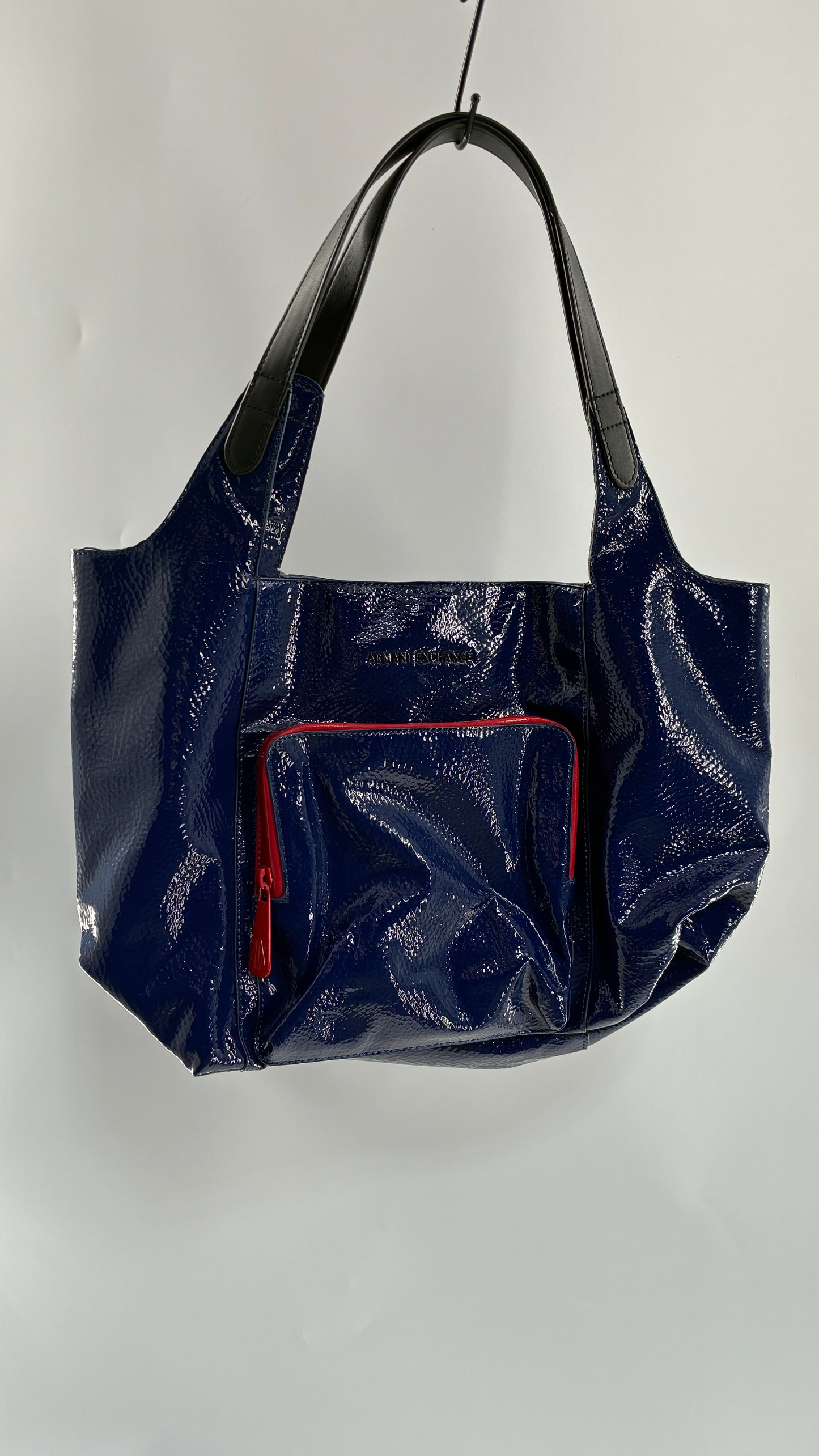 Vintage ARMANI EXCHANGE Navy Blue Patent Tote Bag with Contrasting Red Zipper