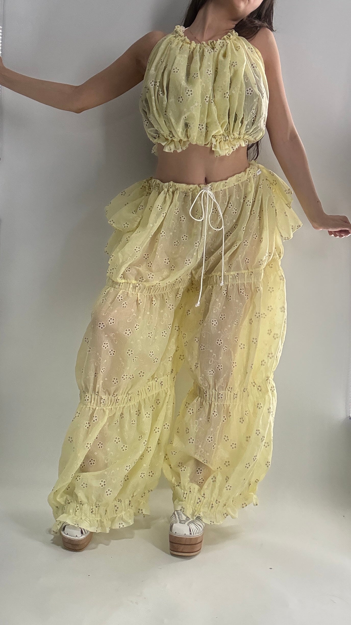 Vintage Handmade 2pc Baby Yellow Set with Tiered Pants, Ruffled Bum, and Floral Eyelet Pattern (XS-M)