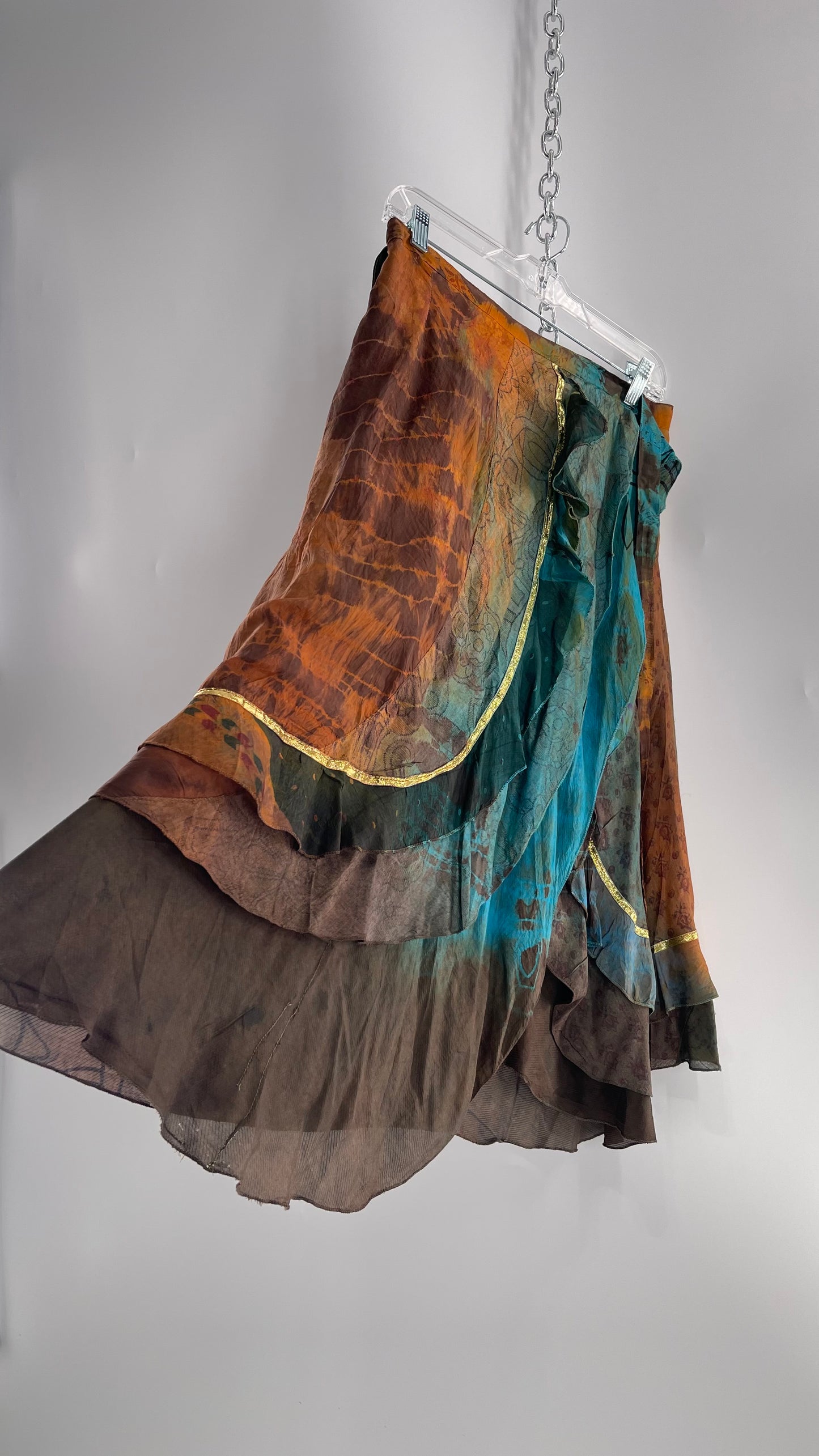 CHIC THING 100% Silk Blue/Brown Tie Dye Tie Around Skirt (S)
