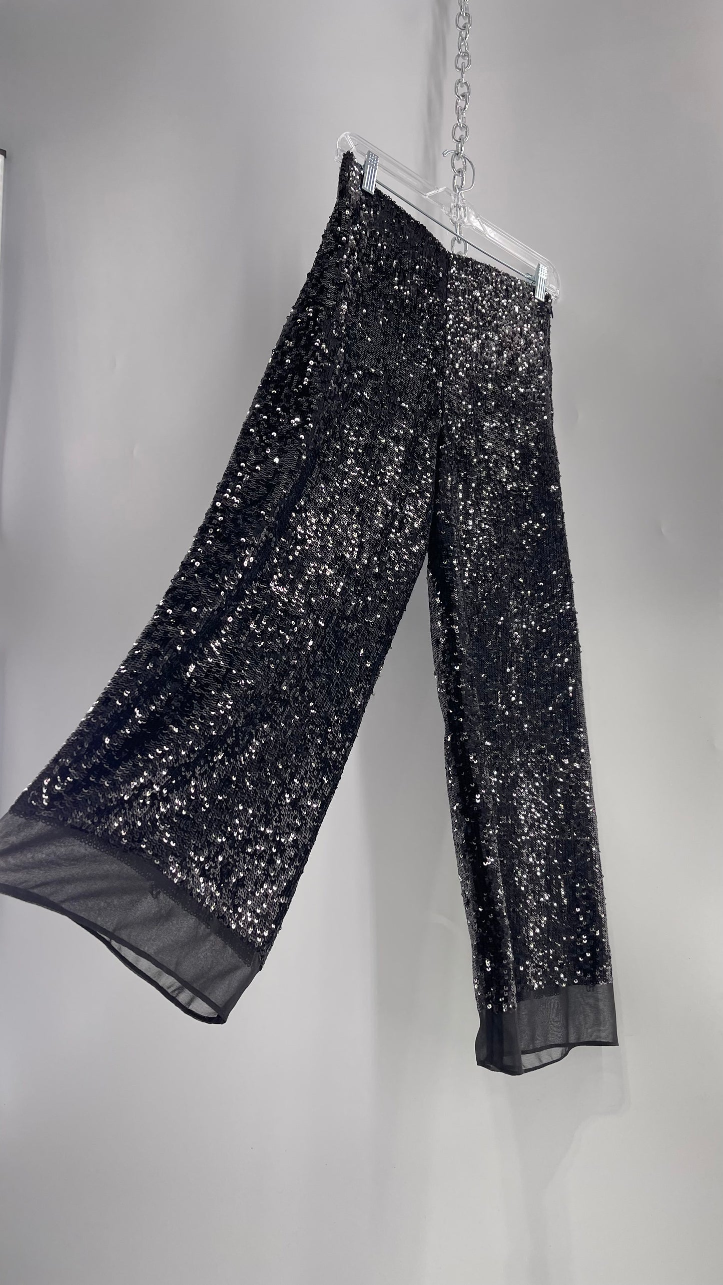 ZARA STUDIO Black Sequin Pijama Trouser with Chiffon Hem and Ribbon Lined Waist (Medium)