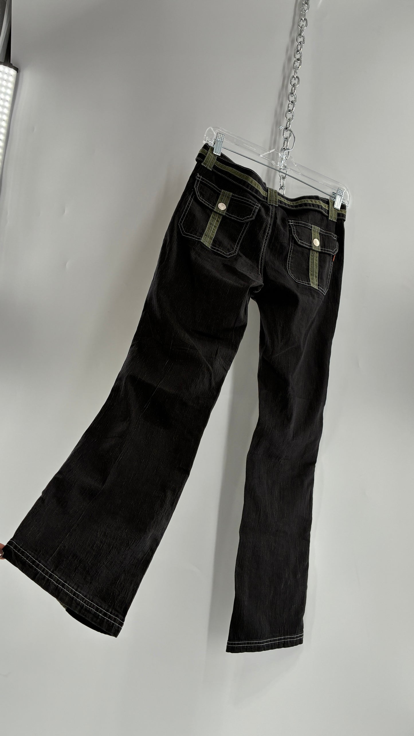 Vintage PALMY NOBLE Dark Wash Low Rise Denim with Green Details and Built in Belt (7/8)