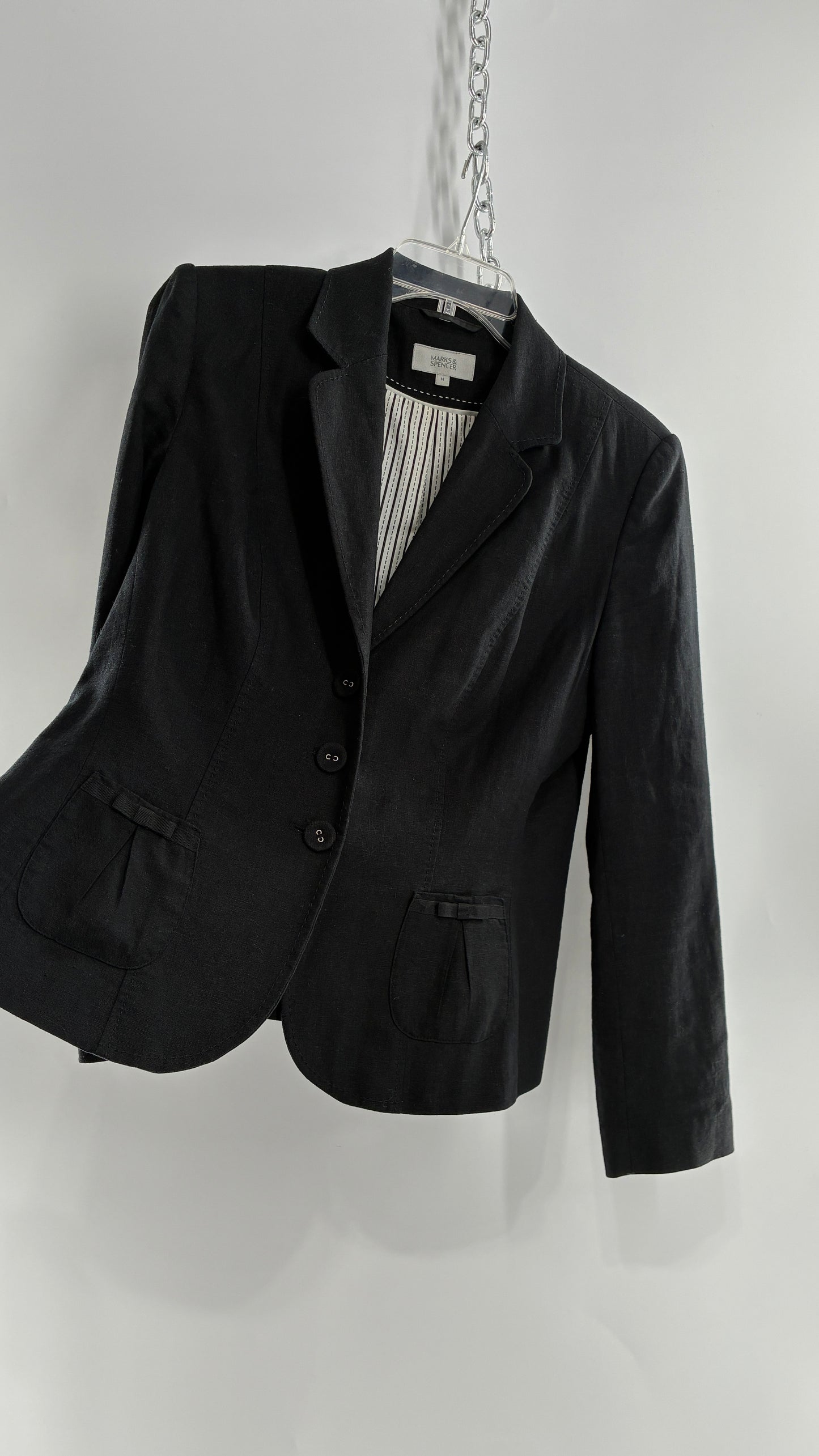 Vintage MARKS & SPENCER Suit Set with Black Linen Blend Blazer and Upcycled Mini Skirt with Corset Backing (14/M)