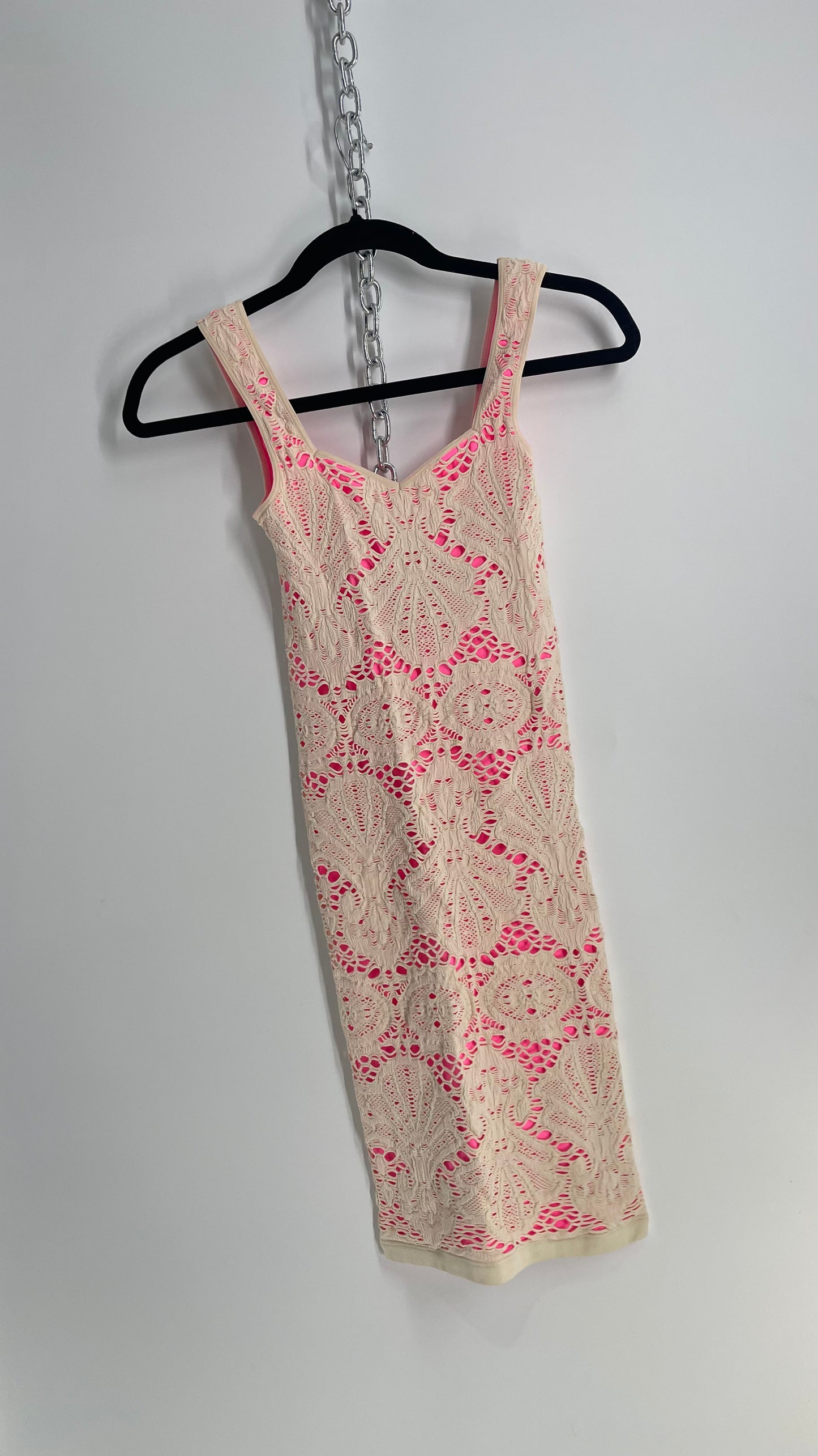 Free People Pink Stretchy Dress with Off White Lace Overlay (XS/S)