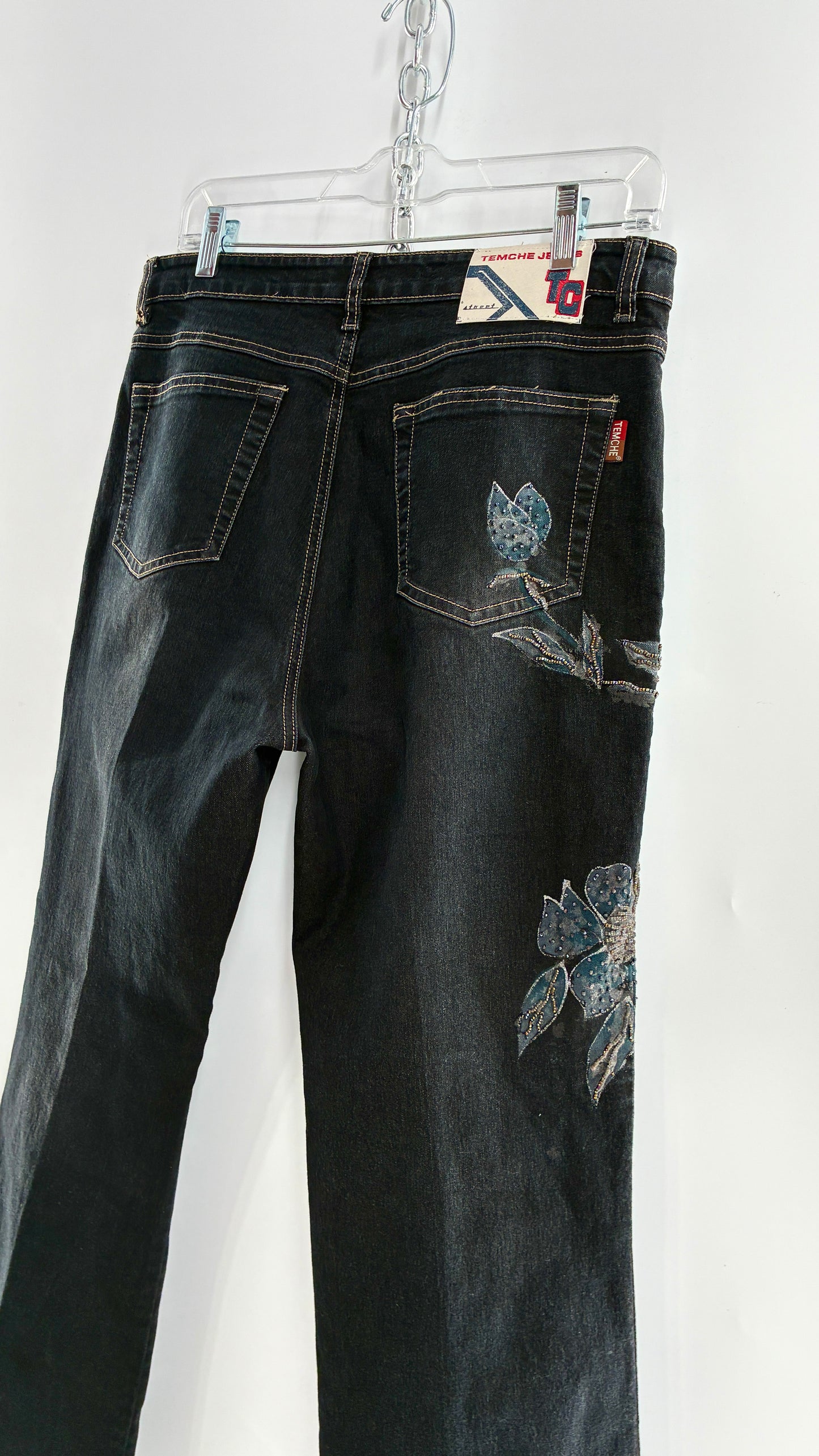 Vintage TEMCHE JEANS Dark Wash Jeans with Painted, Beaded Florals
