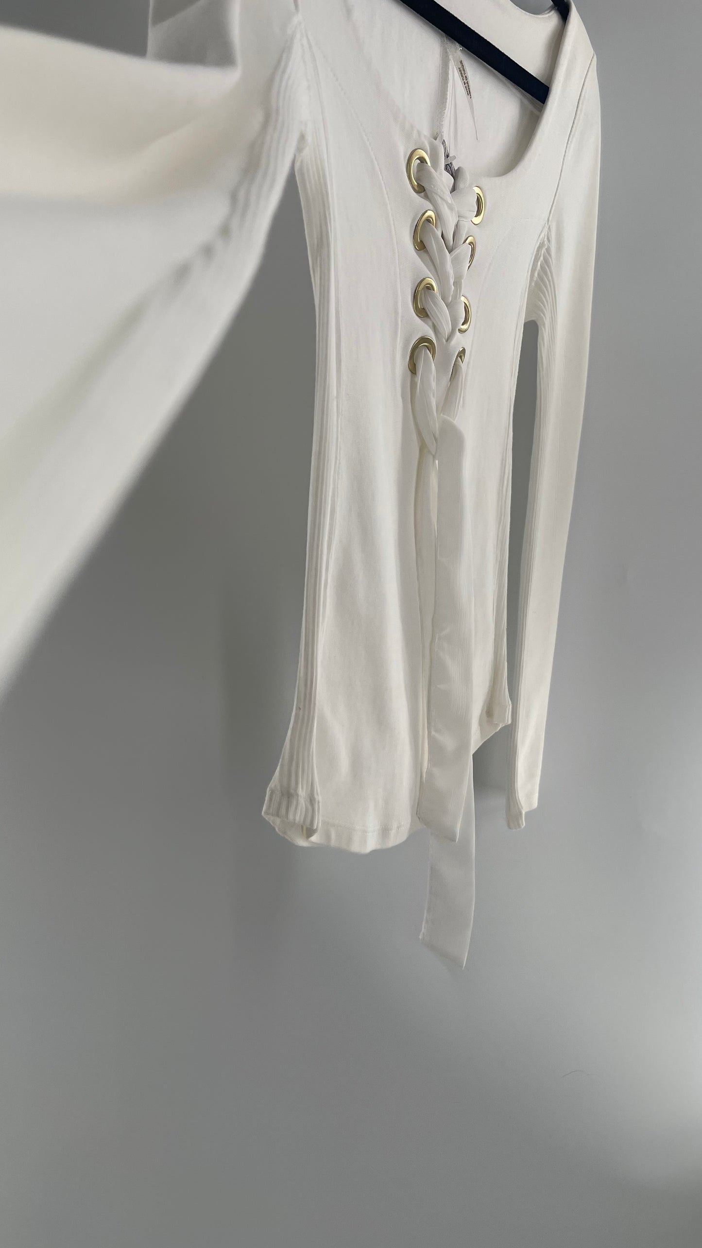 Free People White Lace Up Long Sleeve with Gold Grommets (XS)