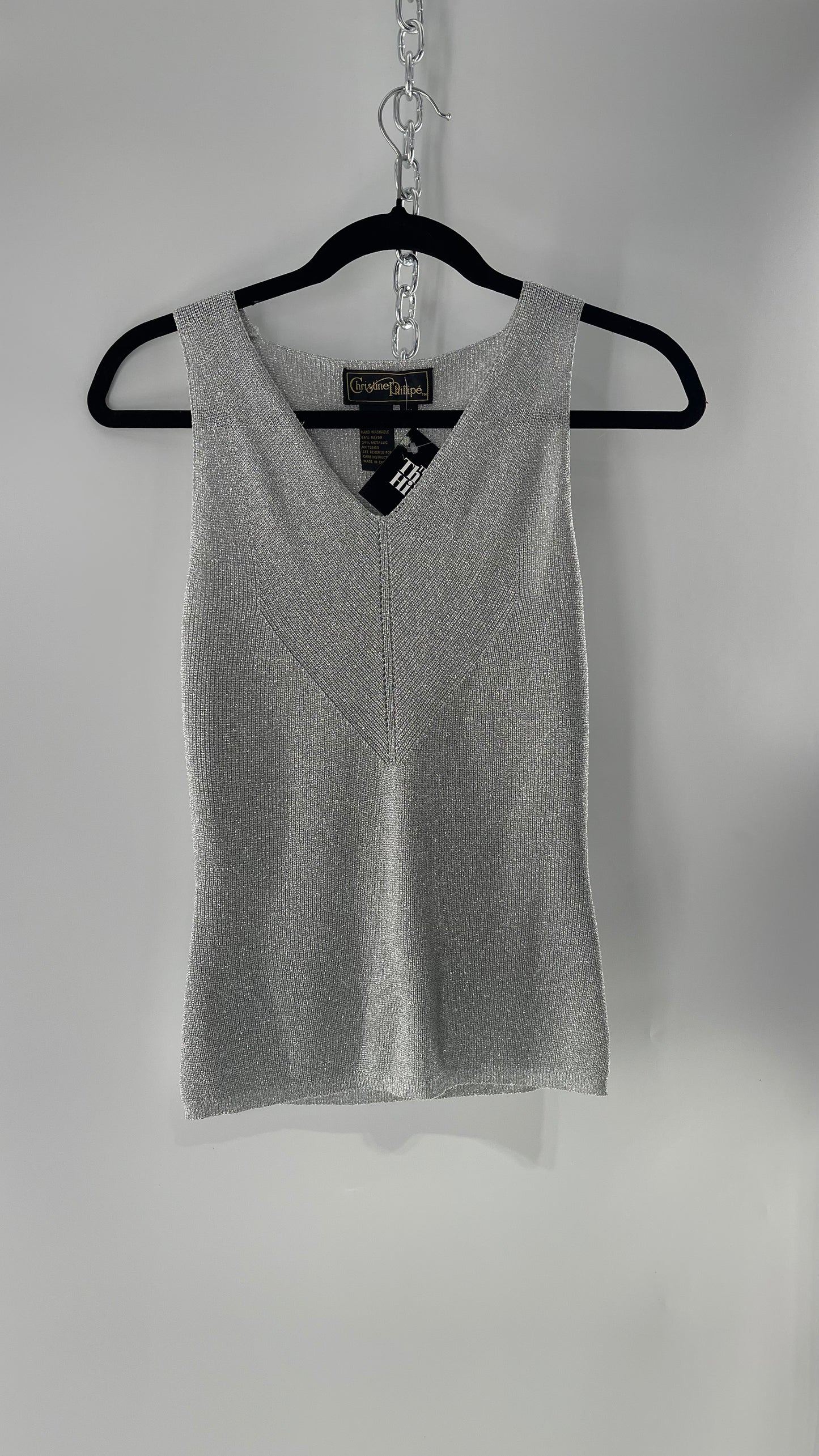 Vintage Christine Phillipe Vintage Metallic Silver Tinsel Knit Tank (Medium)