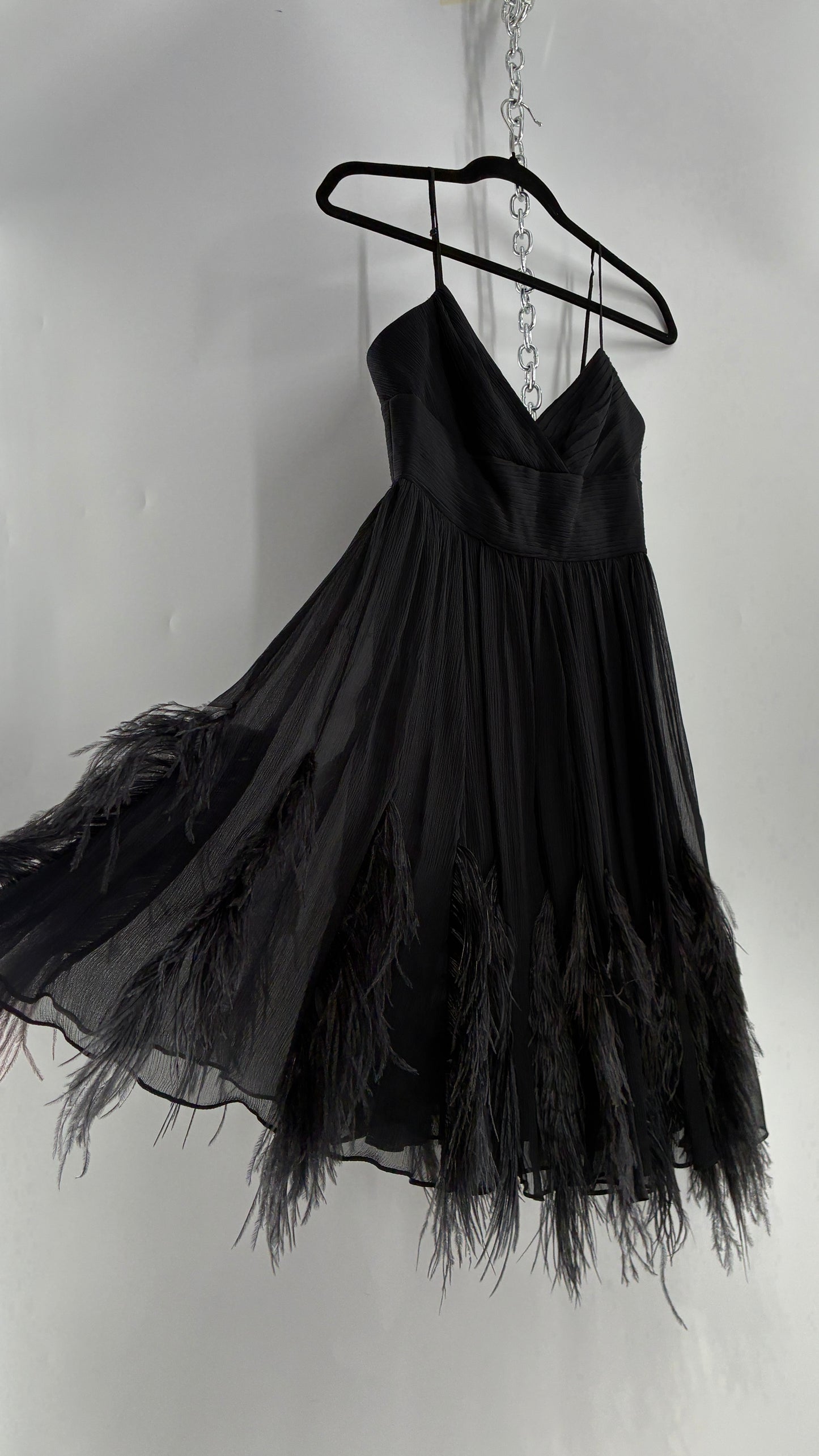 Vintage BCBGMAXAZRIA Crimped Black Dress with Ostrich Feather Details (6)