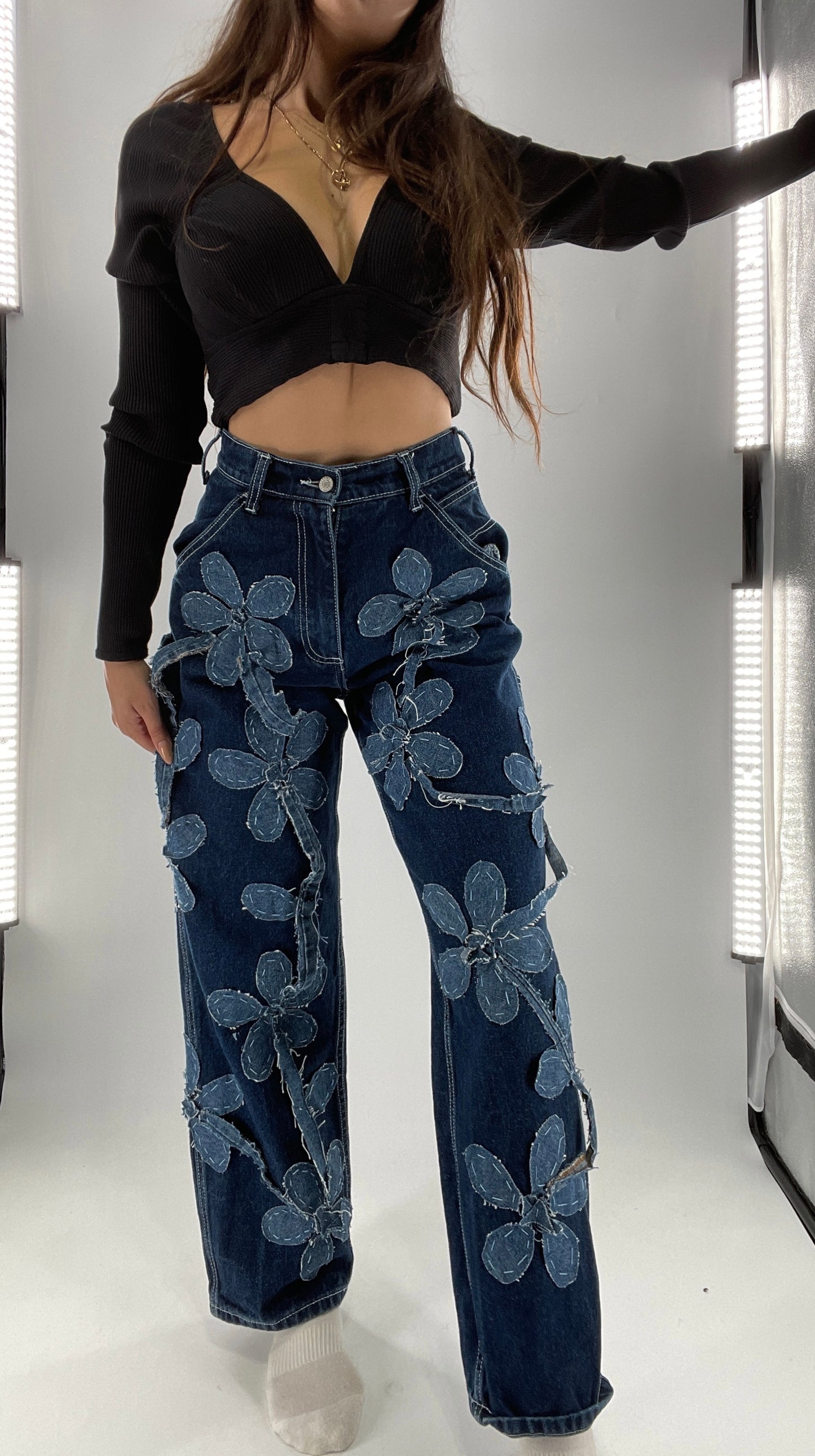 Handmade CUSTOM Dual Denim Tone Floral Vine Cargo Denims (S)