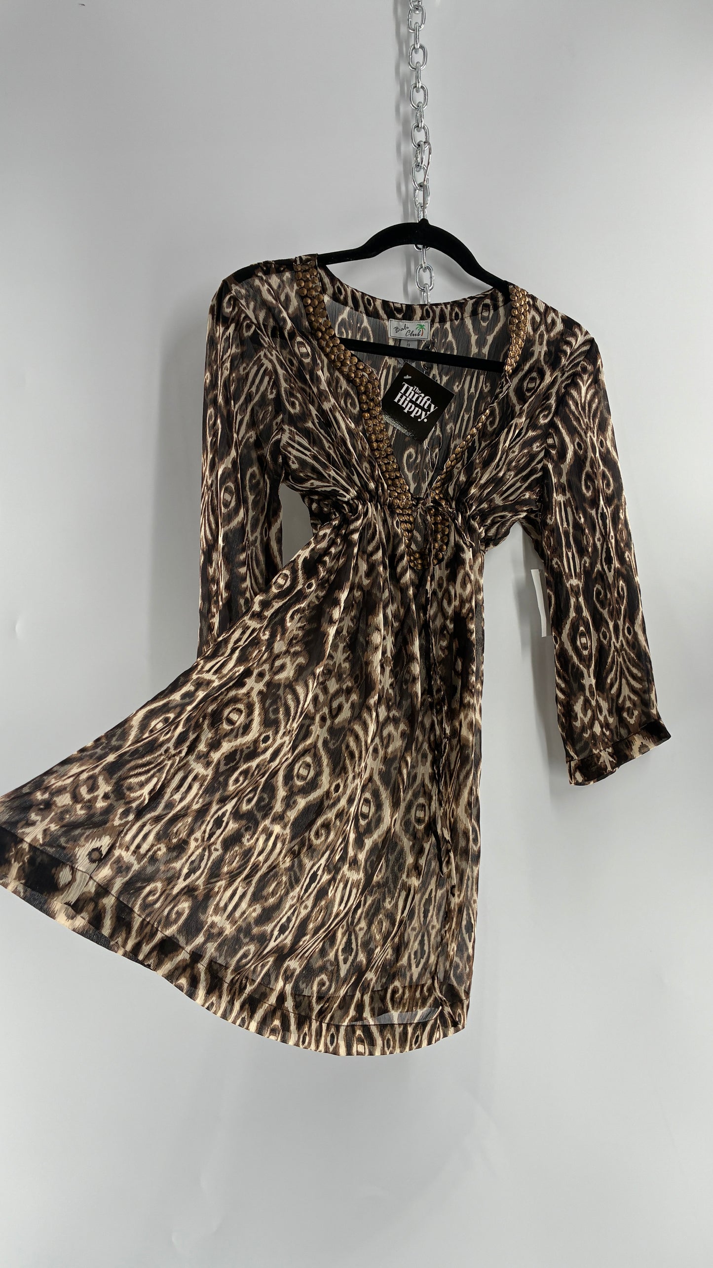 Deadstock Vintage BALI CLUB Animal Print Sheer Mini Dress Blouse with Underbust Cinching and Bronze Studs (Small)