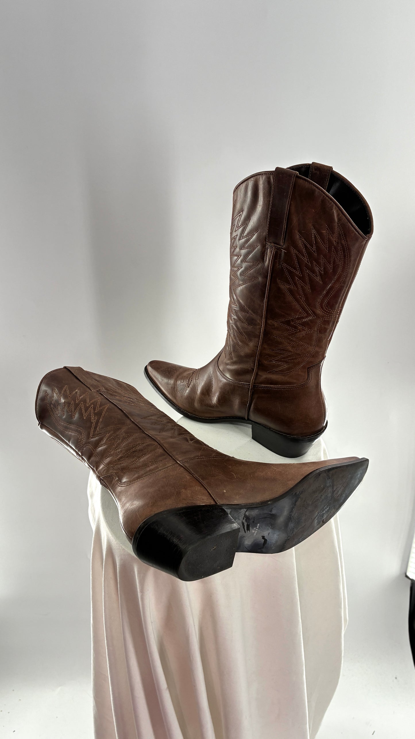 Vintage Genuine Leather Brown Cowboy Boots Made in Brazil (9.5)