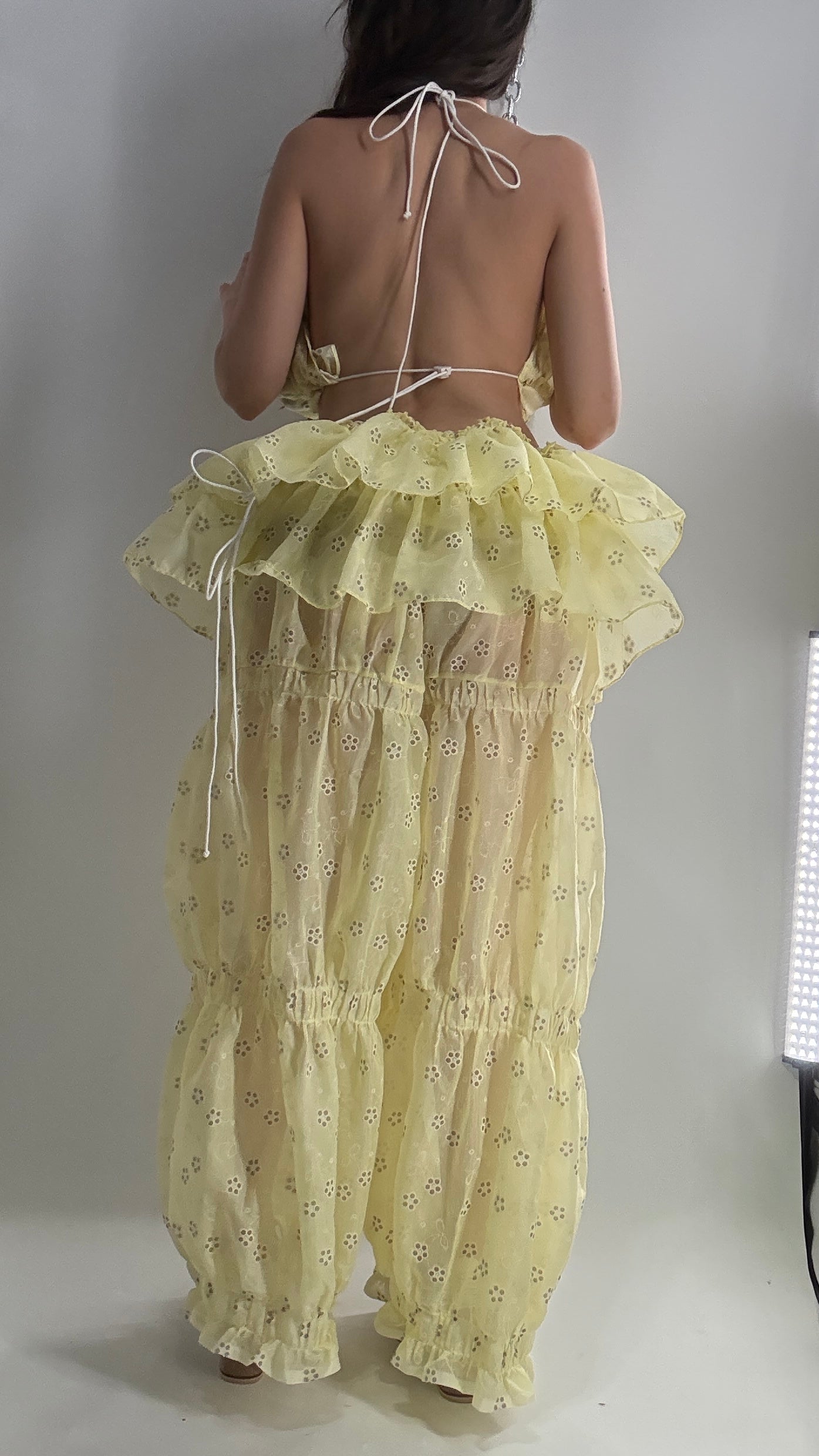 Vintage Handmade 2pc Baby Yellow Set with Tiered Pants, Ruffled Bum, and Floral Eyelet Pattern (XS-M)