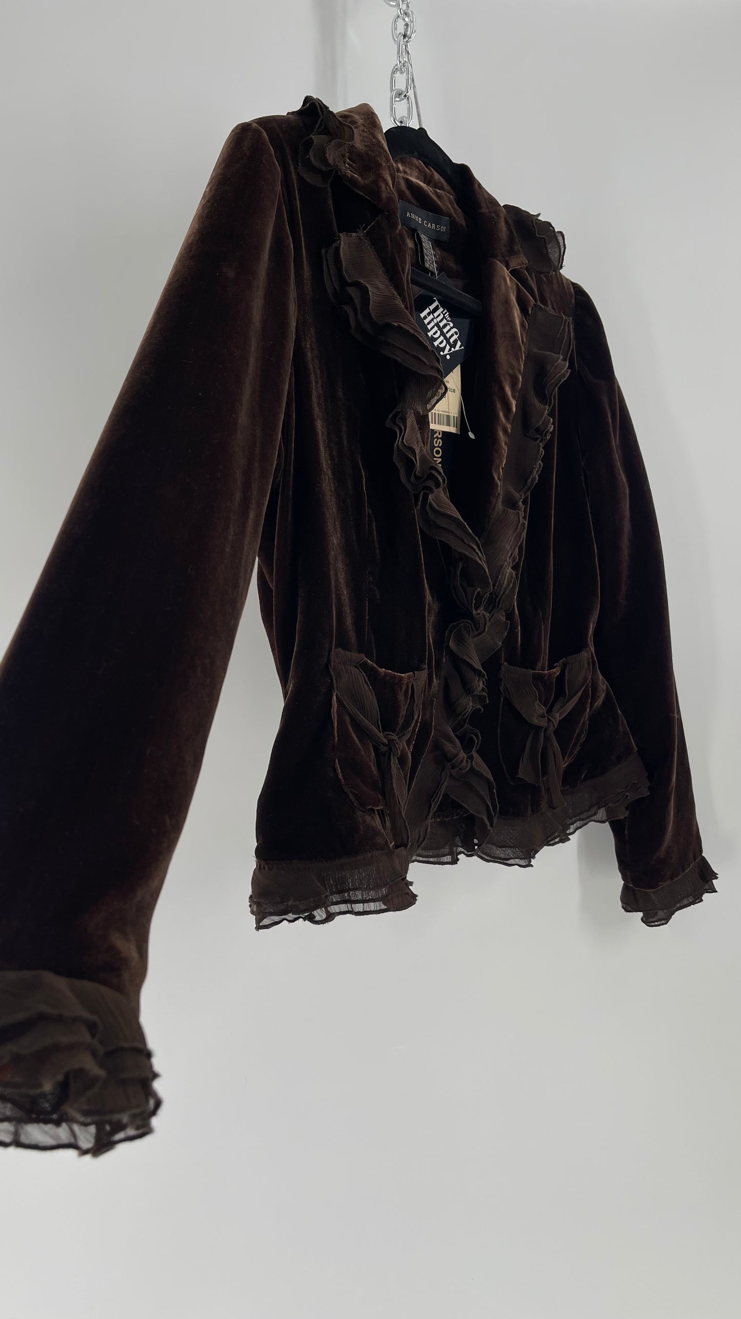 Deadstock Vintage Brown Velvet Anne Carson Blazer with Delicate Crepe Ruffled Hem and Bow Pockets (Medium)