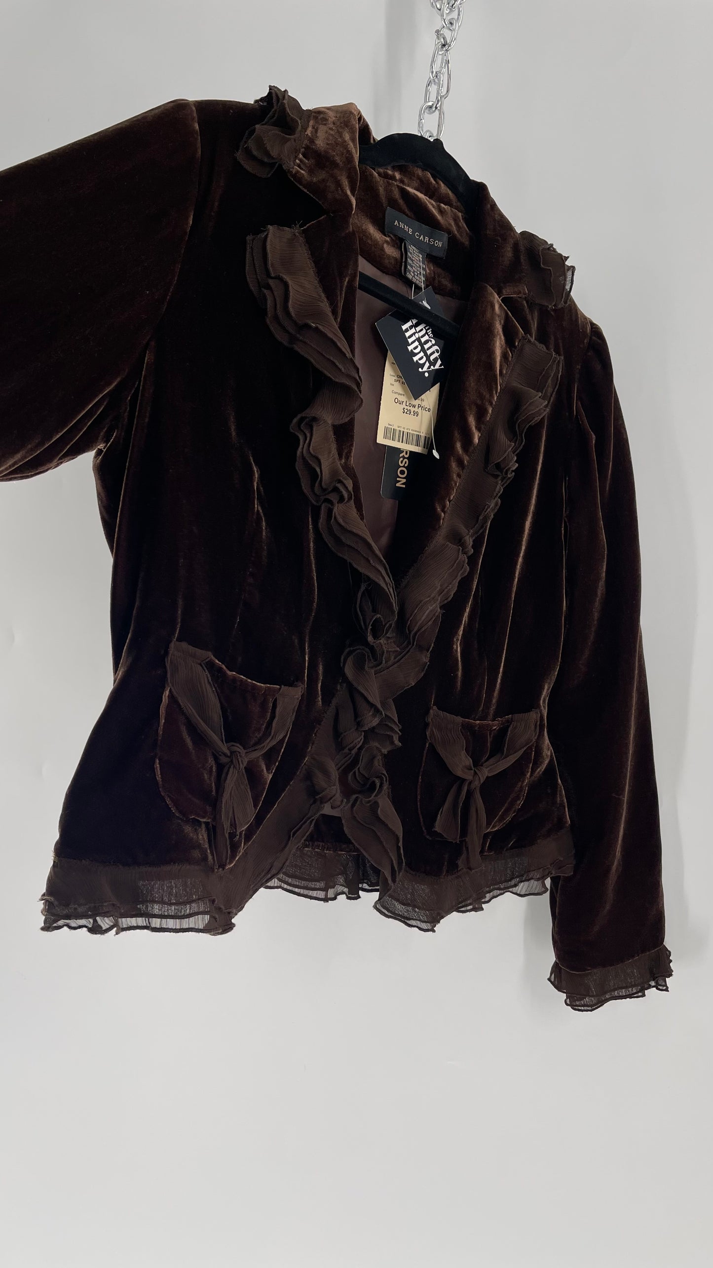 Deadstock Vintage Brown Velvet Anne Carson Blazer with Delicate Crepe Ruffled Hem and Bow Pockets (Medium)