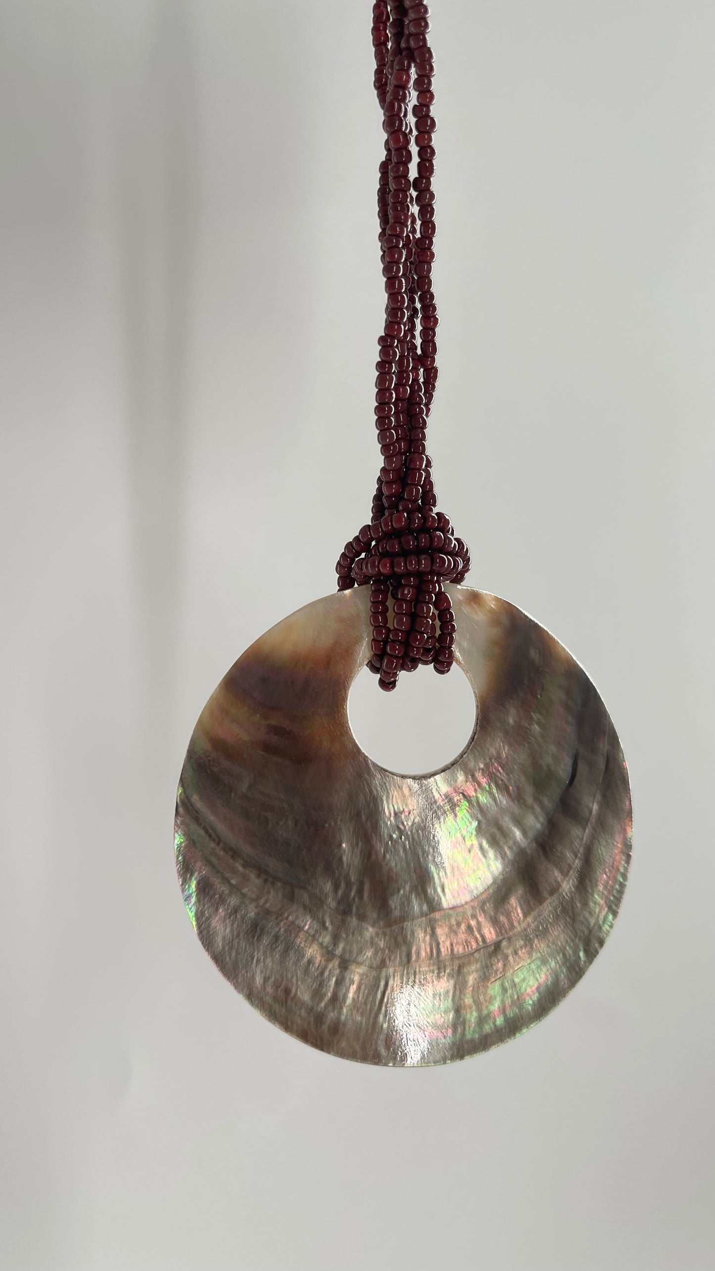 Vintage 1990s Burgundy Beaded Choker with Statement Iridescent Shell Pendant