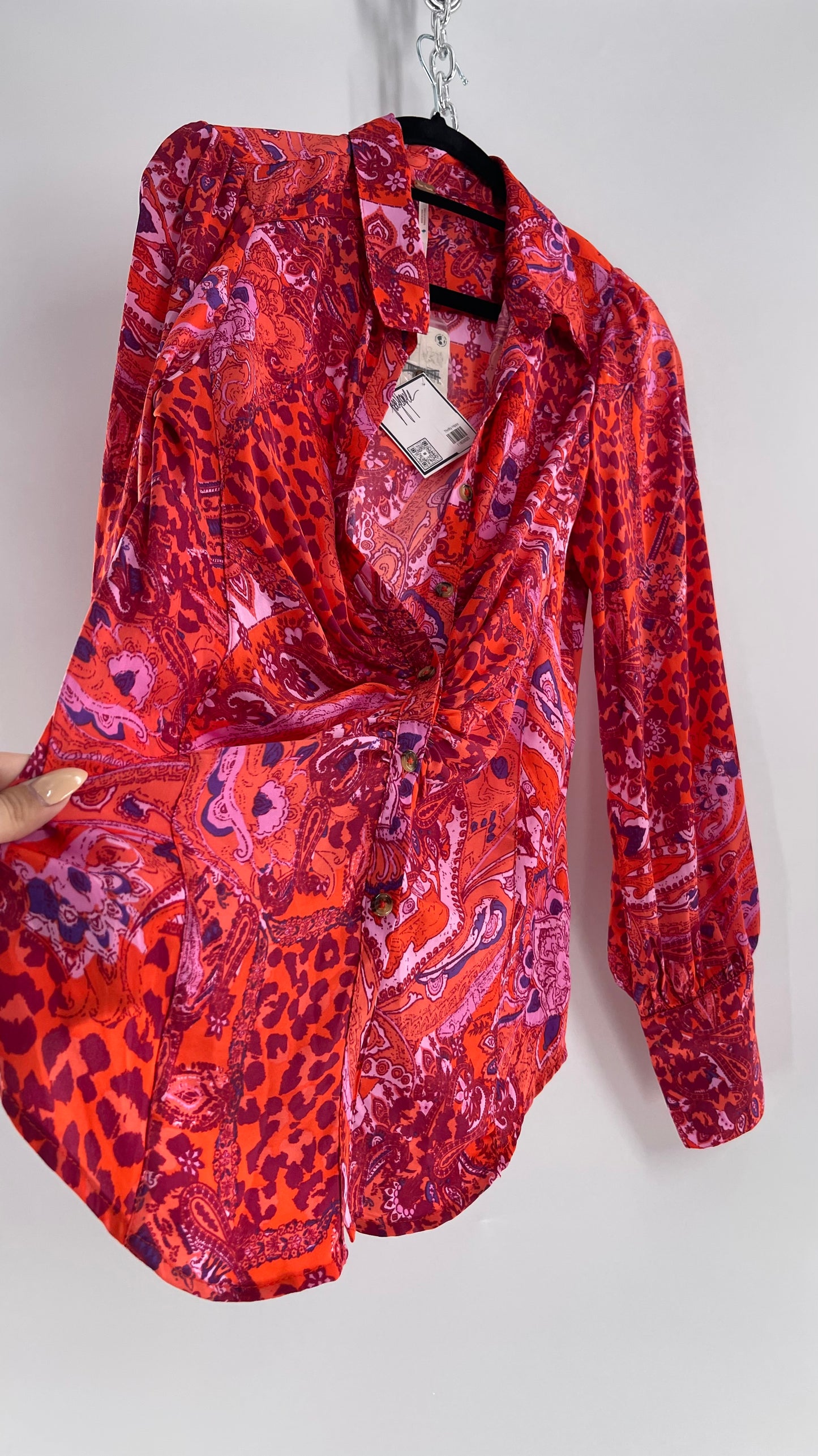 Free People Red, Neon Orange Leopard Paisley Patterned Button Front(Medium)