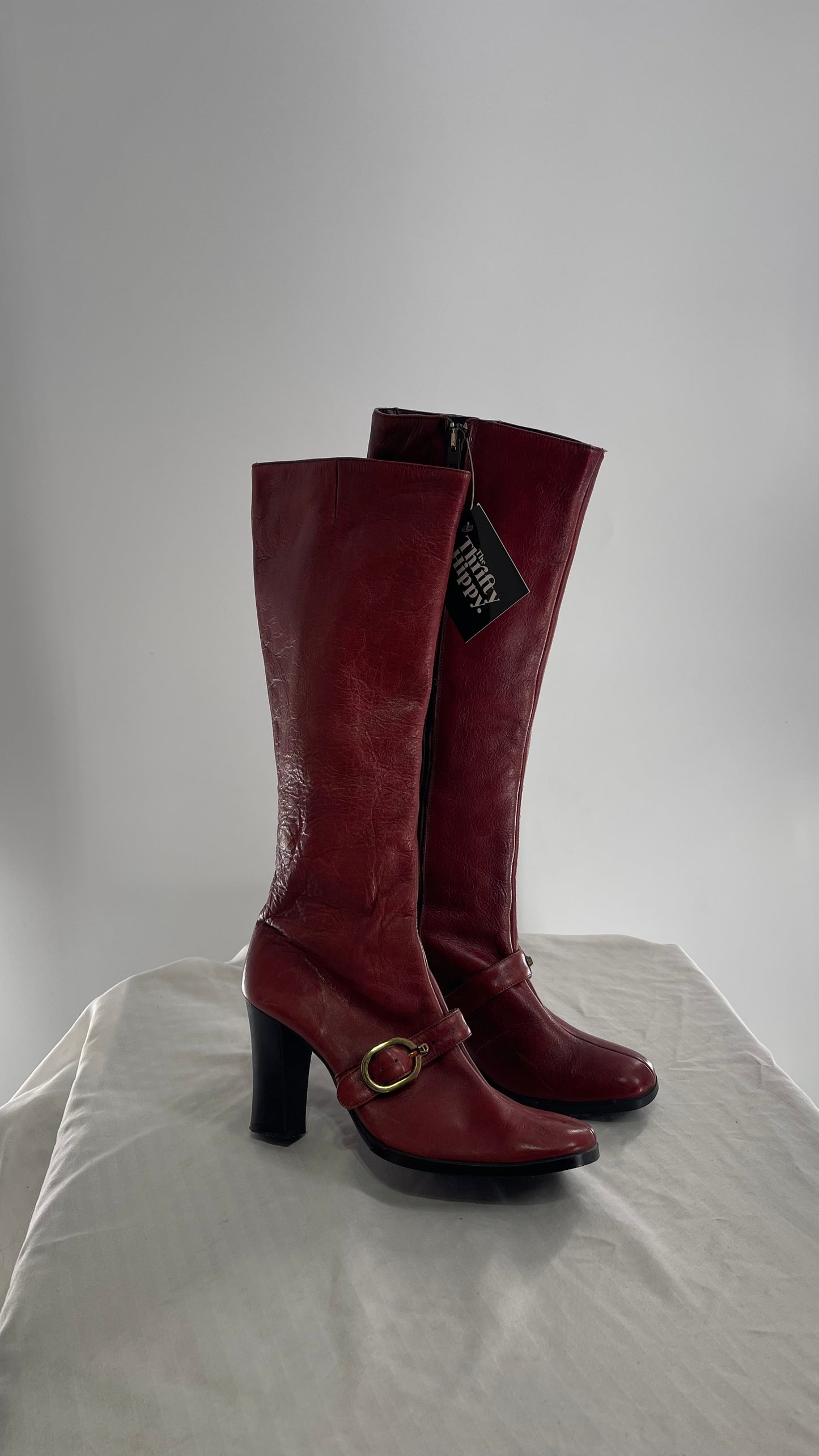 Vintage Etienne Aigner Red Italian Leather Boots with Buckle Strap (8.5)