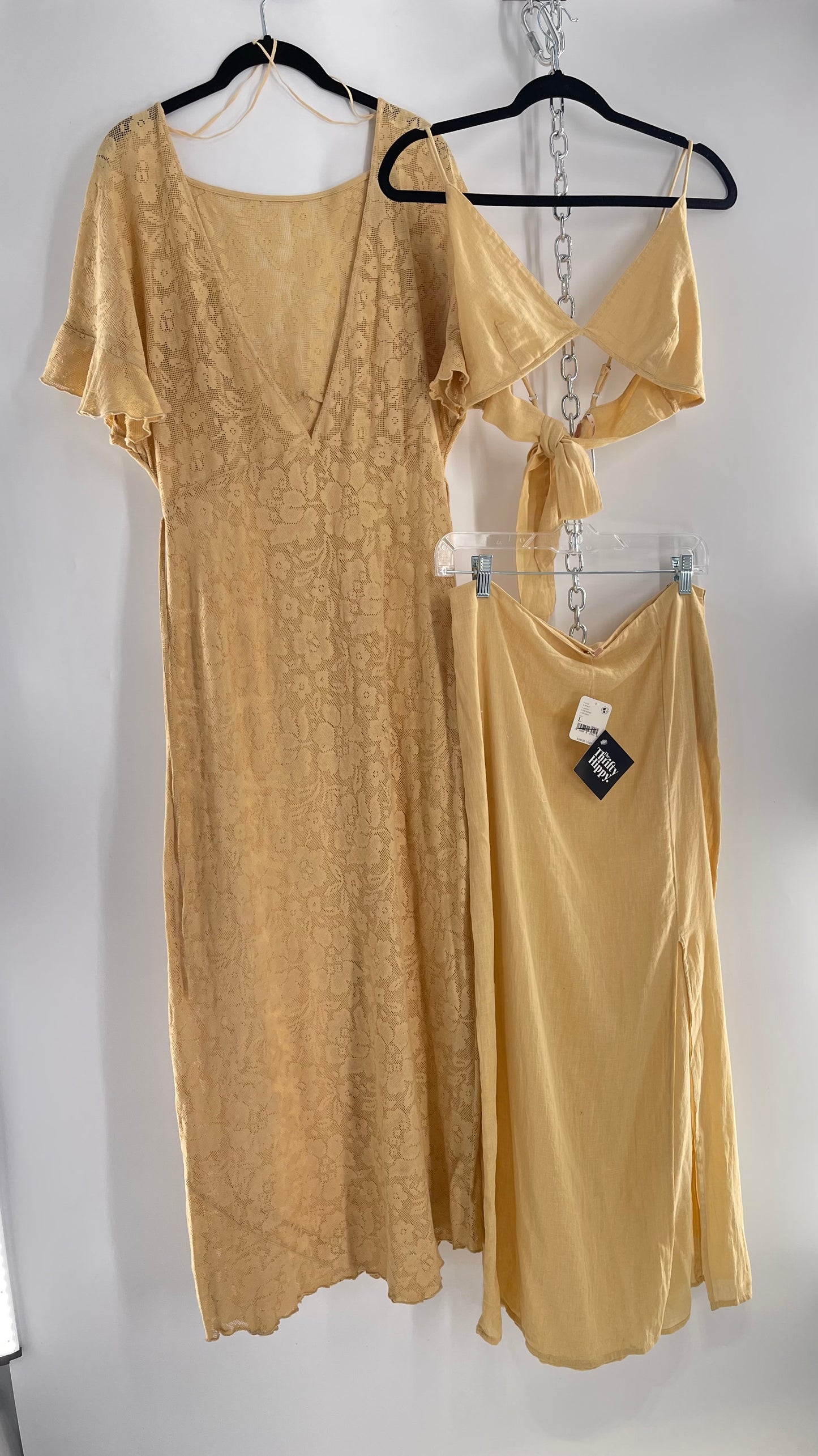 Free People Yellow Lace Gauze Maxi Dress Set with Bralette and Side Grommet Skirt (Large)