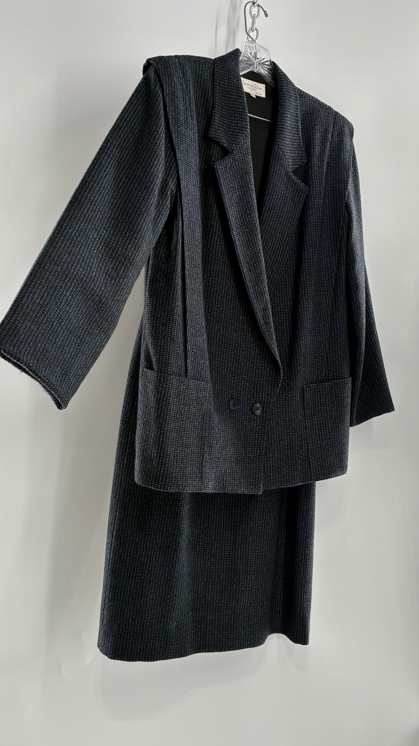 Vintage CHRISTIAN DIOR Navy Woven Maxi Skirt and Oversized Lapel Style Blazer with Padded Shoulders (8)