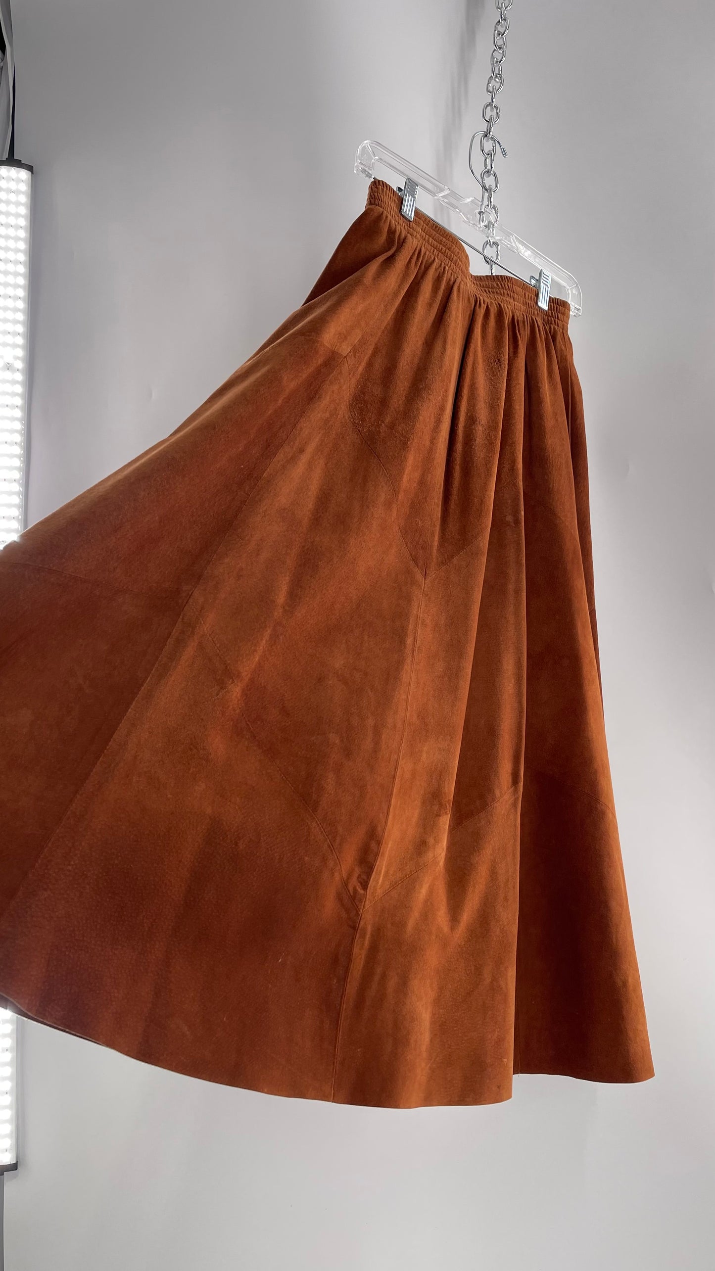 Vintage Brown Leather Suede Paneled Voluminous Skirt Assembled in Mexico (S)
