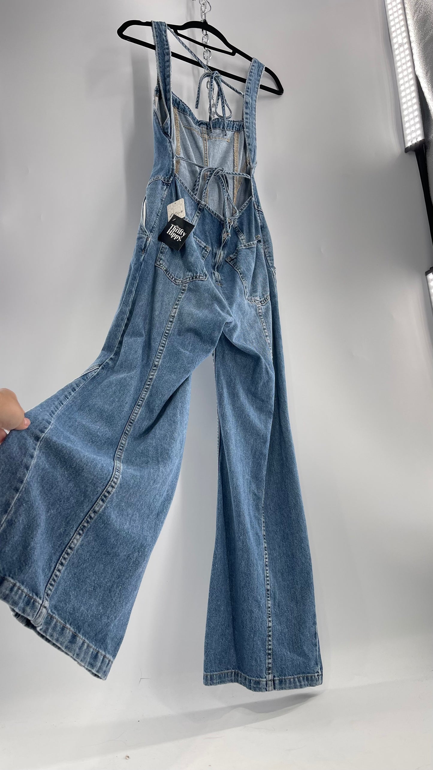 Free People Denim Backless Wide Leg Jumpsuit with Tags Attached (Small)