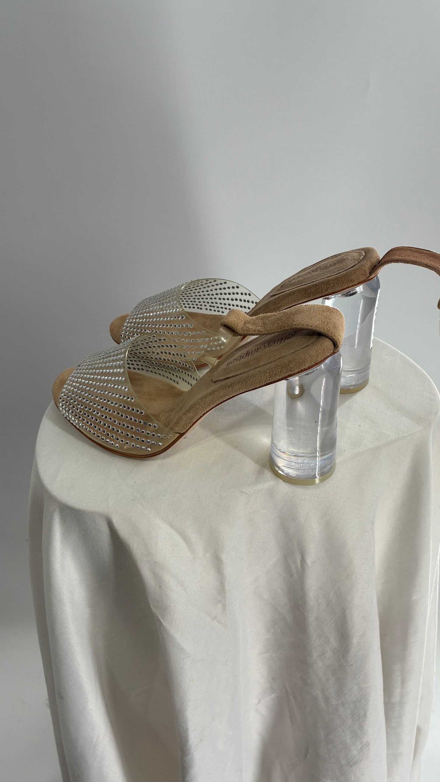 JEFFREY CAMPBELL Lucite Heel Suede Sole, Clear Strap Rhinestone Heel (8)