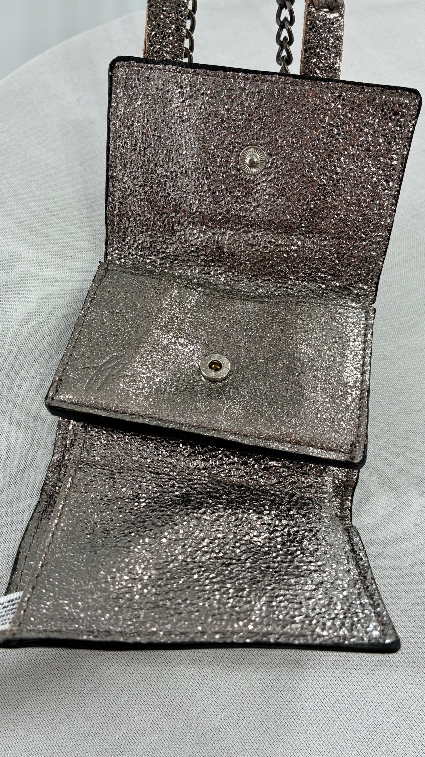 Free People Silver Gun Metal Metallic Goat Leather Wallet with Leather and Chain Straps