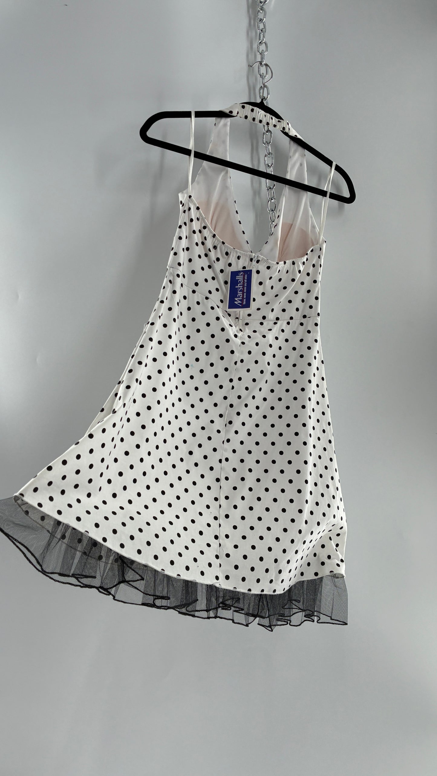 Deadstock Vintage Ruby Rox Retro Style White and Black Polka Dotted Mini Dress with Tulle Trim (7)