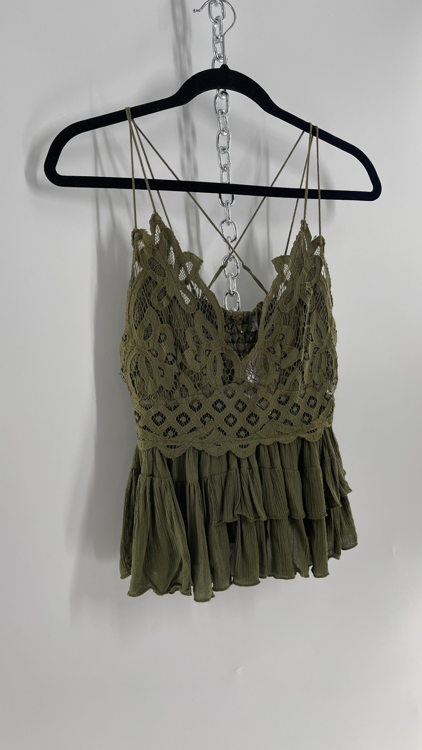 Free People Army Green Lace Bralette Top with Ruffled Hem (Large)