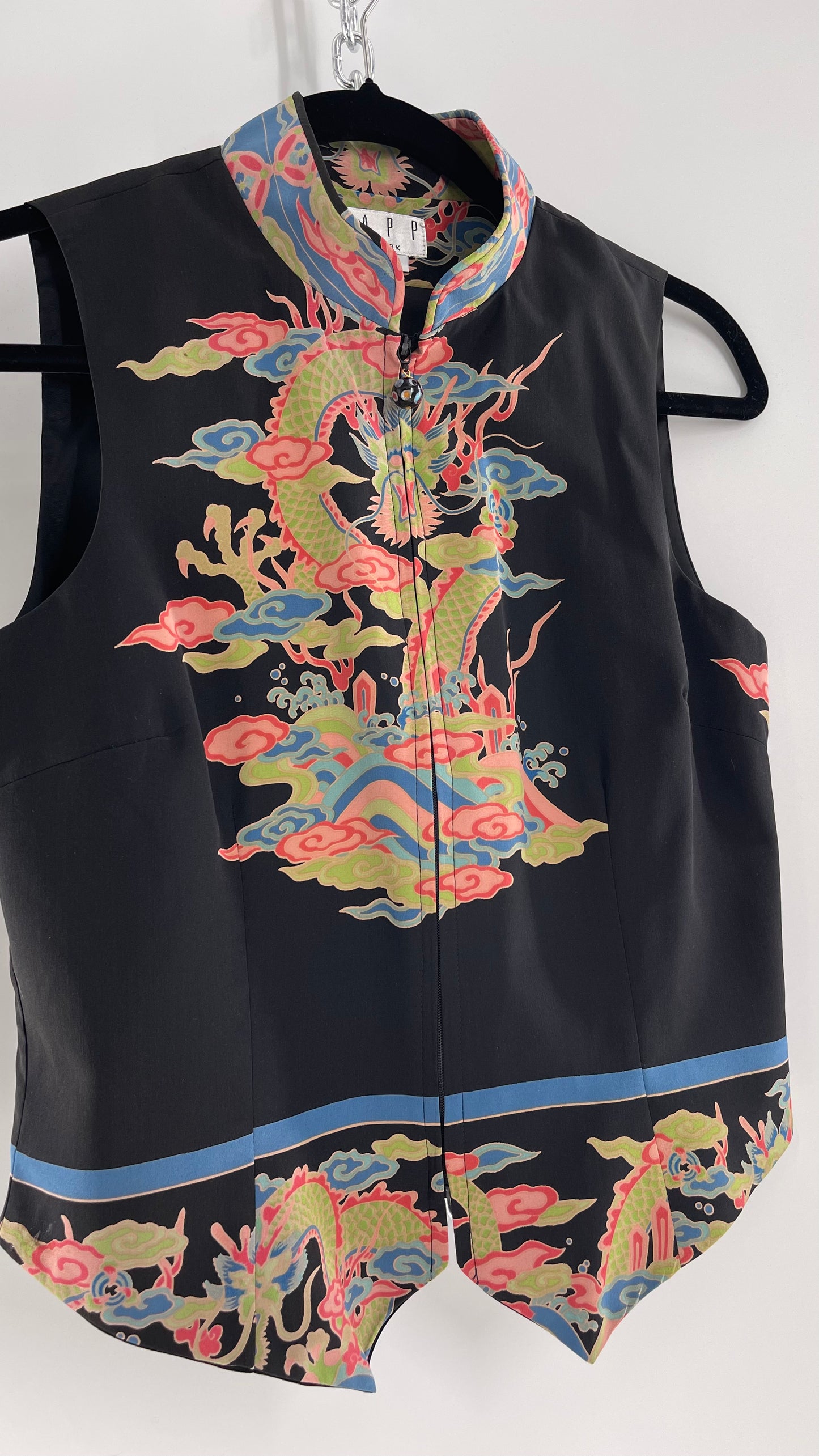 Vintage 1990s TAPP NEW YORK 100% Dragon Graphic Zip Front Crop Sleeveless Vest Top Silk (Medium)