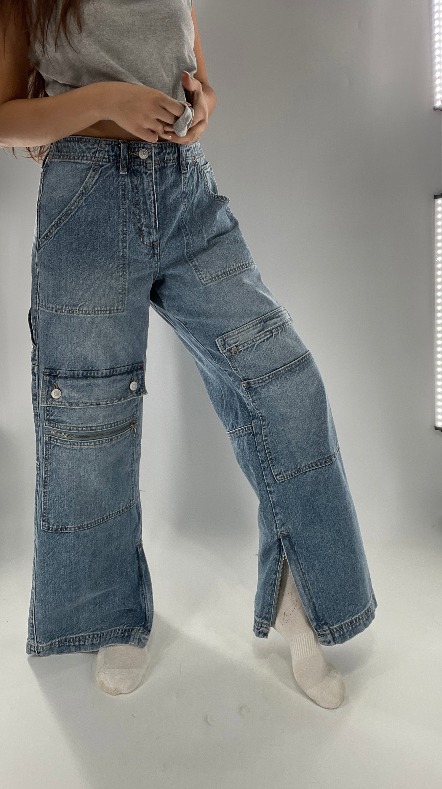 Free People Wide Leg Cargo Jeans Covered in Pockets, Zippers and stitching (27)
