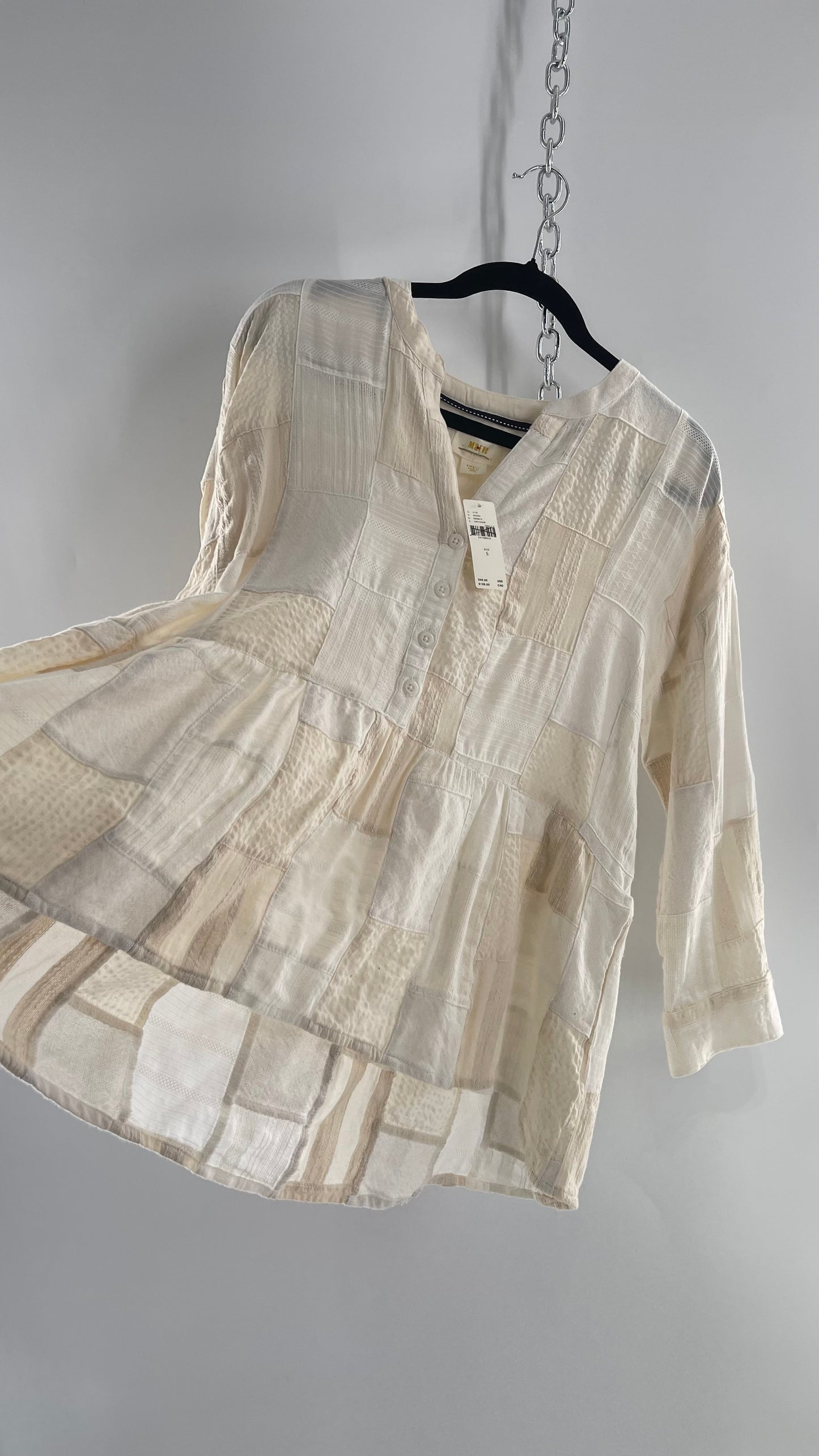 Anthropologie Patchwork Off White Voluminous Blouse with Tags Attached (Small)