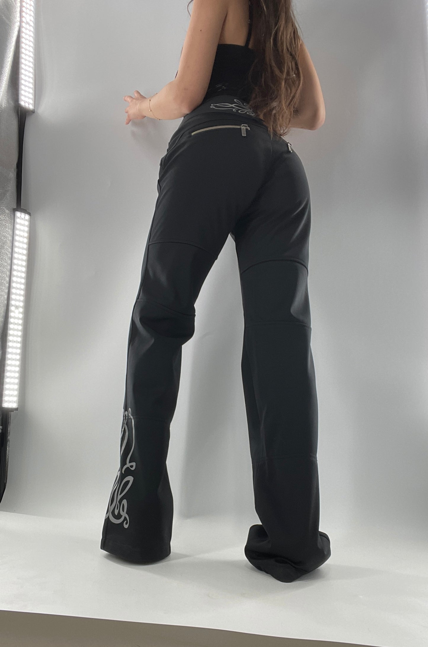 Vintage Athleta Flare 100% Nylon Thick Stretchy Black Pants with Side Clasps, Low Rise, Graphic on Back and Side of Leg (4)